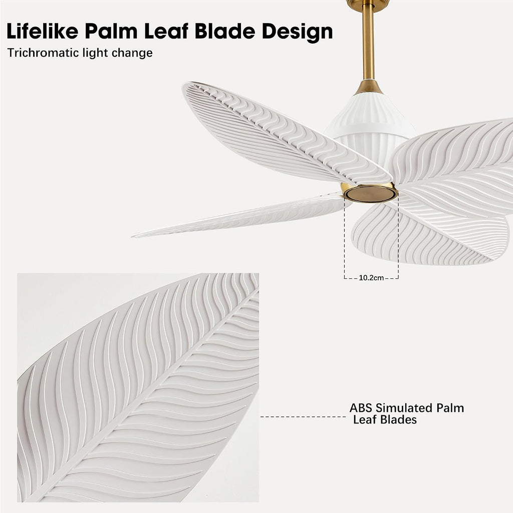 52' Tropical Ceiling Fans, Flush Mount Palm Leaf Ceiling Fan no Light, Indoor Ceiling Fans Without Light for Living Room Bedroom Kitchen Covered Gazebo, APP and Remote Control-White Gold