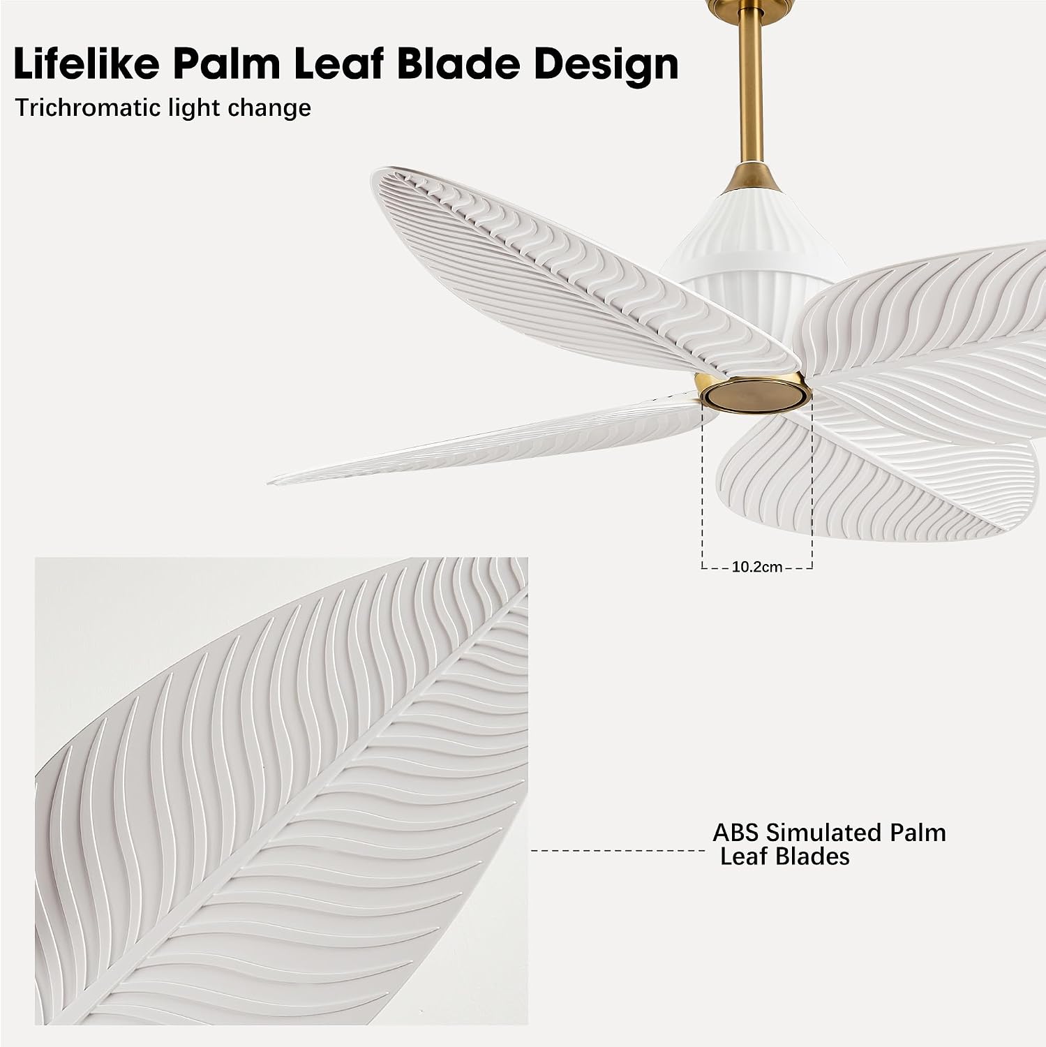 52' Tropical Ceiling Fans, Flush Mount Palm Leaf Ceiling Fan no Light, Indoor Ceiling Fans Without Light for Living Room Bedroom Kitchen Covered Gazebo, APP and Remote Control-White Gold