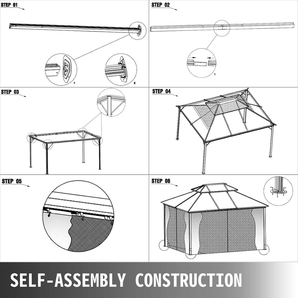 Happybuy Polycarbonate Hardtop Roof Gazebo 10' x 10' with Netting - Metal Gazebo Aluminum Permanent Double Tier Roof- Gazebos for Patios, Backyard, Outdoor and Lawn
