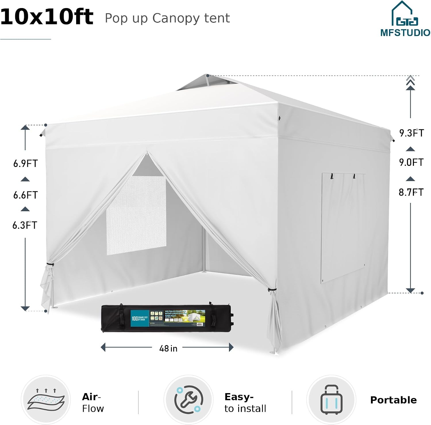 MFSTUDIO 10x10 Pop Up Canopy Tent with Removable Sidewalls, Outdoor Enclosed Instant Portable Shelter with Breathable Mesh Windows, One Person Setup, White
