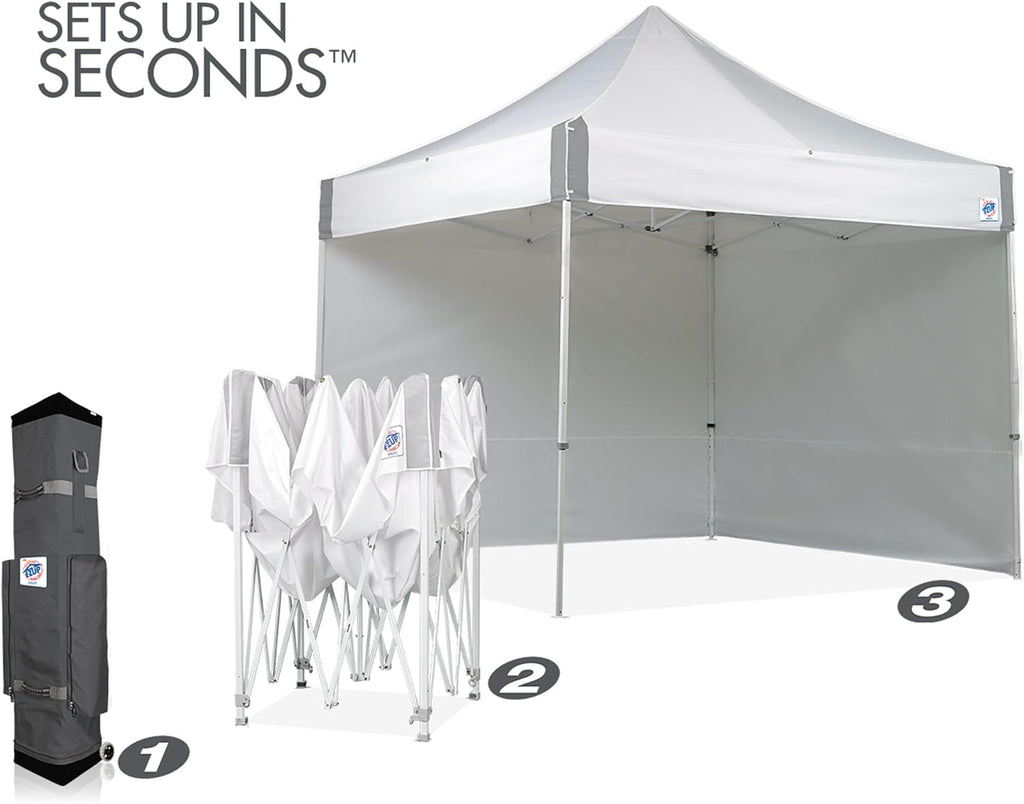E-Z UP ES100S Instant Commercial Pop Up Canopy Tent, 10' x 10' with 3 Sidewalls, 1 Mid-Zip Sidewall and Wide-Trax Roller Bag, White