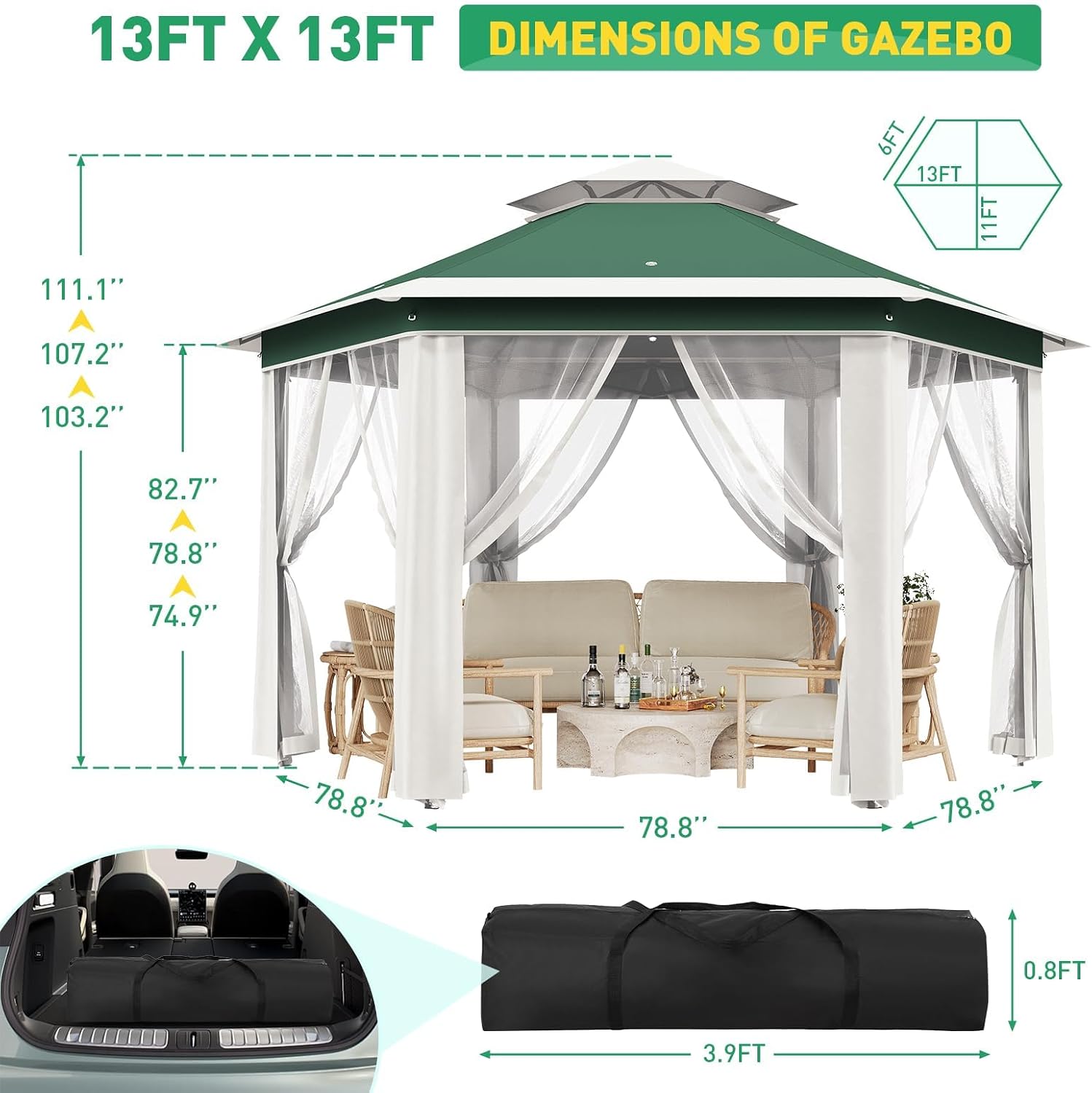 13x13 Ft 6-Sided Pop-Up Gazebo Canopy Tent with Removable Mesh Netting - Waterproof UV Protection Outdoor Instant Shelter for Patio, Backyard, Camping & Beach