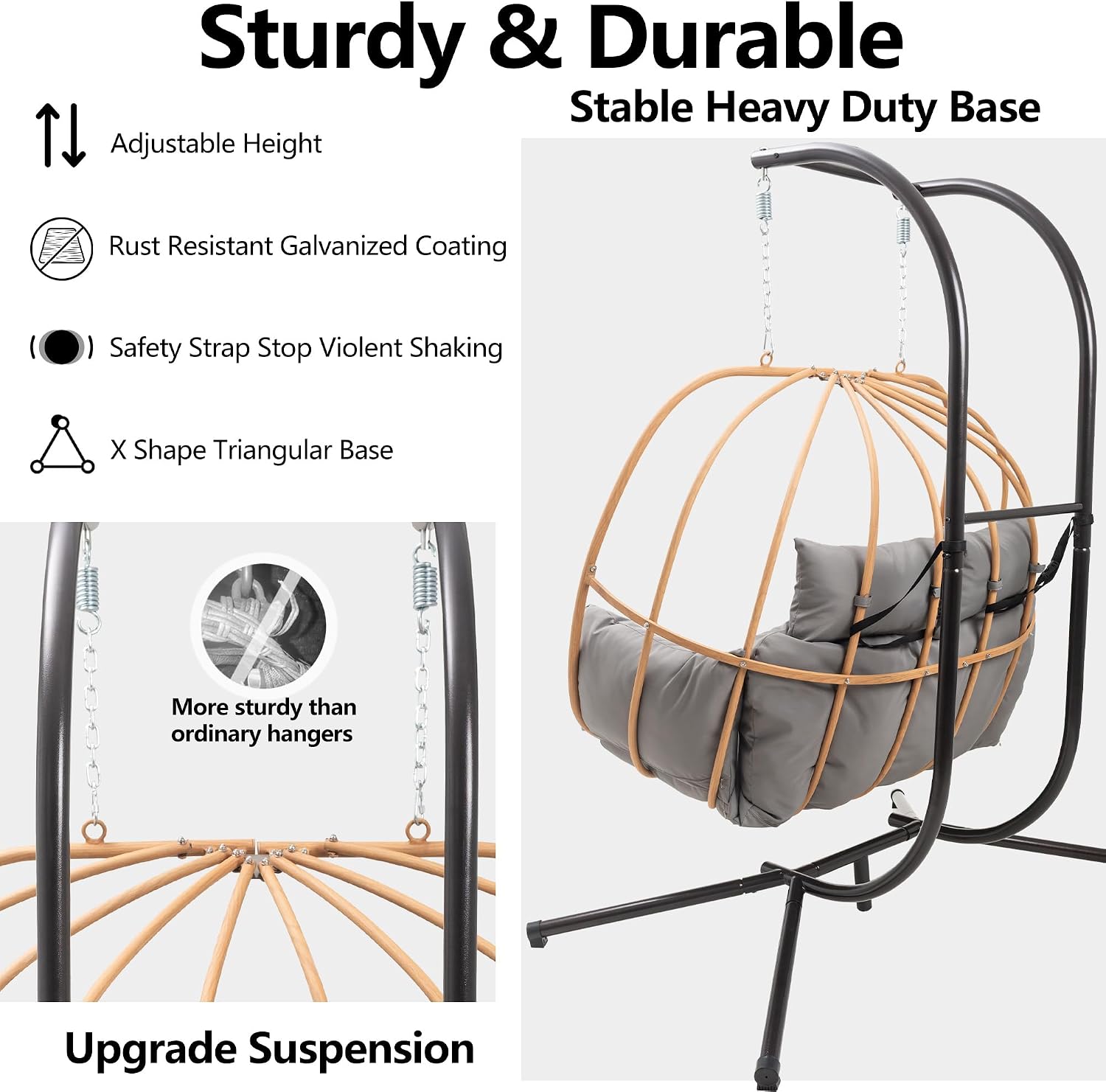Double Egg Swing Chair Outdoor, 2 Person Egg Chair Outdoor with Cushions, Imitation Rattan Hanging Egg Chairs Basket, Hanging Chairs with Stand, Metal Nest Swing Egg Chair for Balcony, Grey