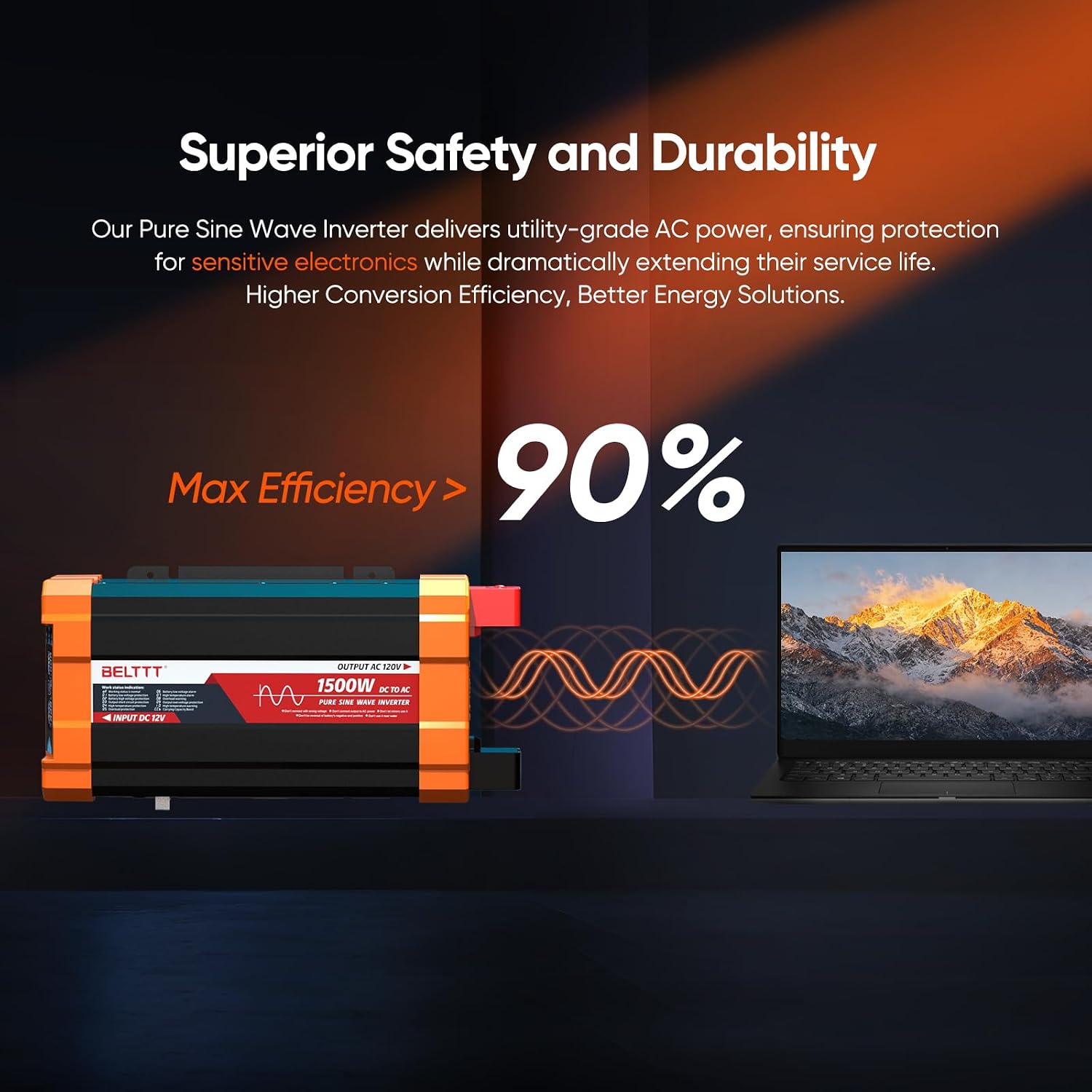 BELTTT 1500W Pure Sine Wave Inverter 12V to 120V AC, Inverter 12V to 110V Converter for Solar, Off-Grid, RV, Truck, Power Inverter with Dual AC Socket, 5V 2.1A USB, Surge 3000W, Smart LCD Display