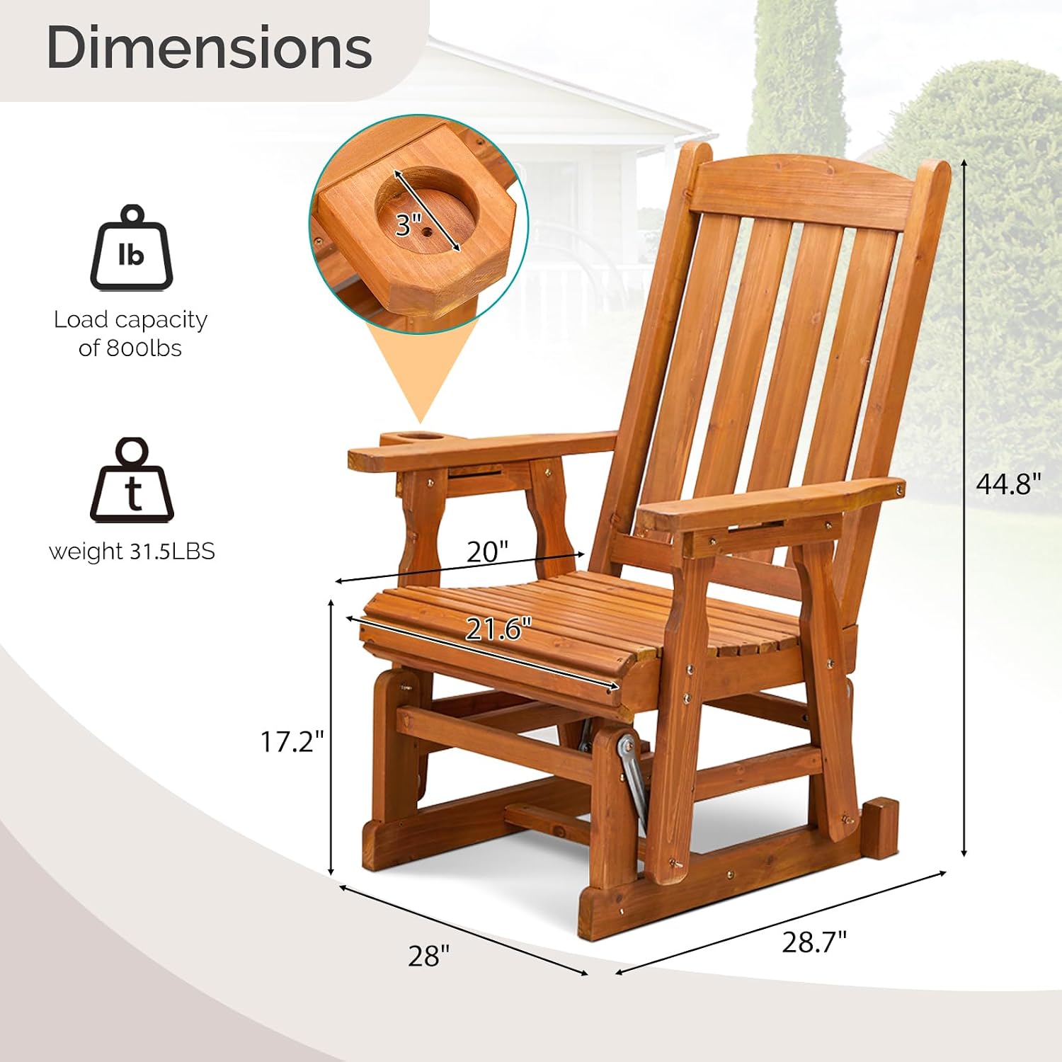 VINGLI Outdoor Glider Chair Wood Patio Glider with Cup Holder, Porch Glider with Smooth Rocking Mechanism, Heavy Duty 600 LBS