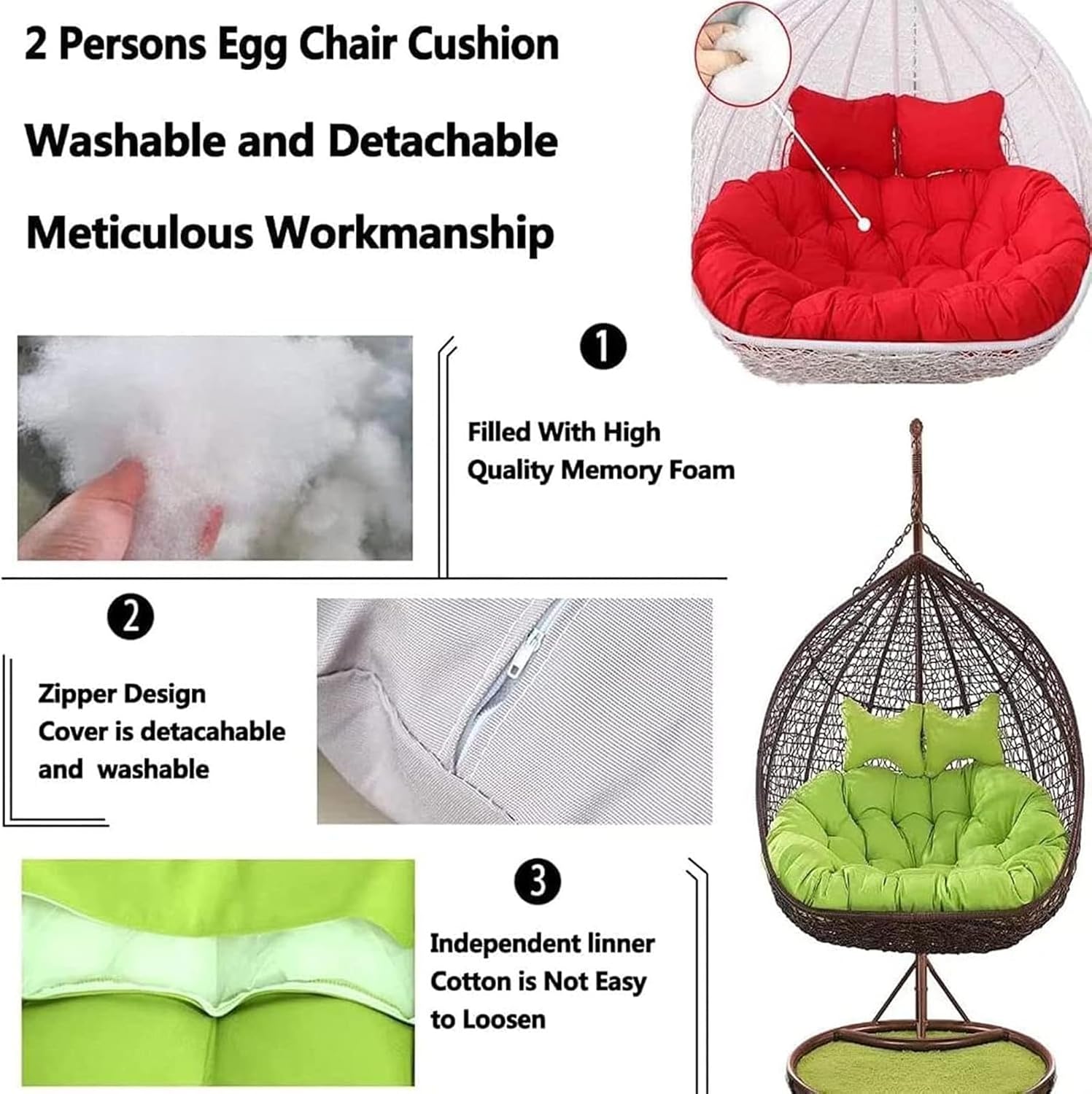 2 Person Egg Chair Cushion Replacement Double Hanging Rattan Chair Cushion Hanging Rocking Chair with 2 Adjustable Headrests Hanging Mattress for Patio Garden Furniture(B)