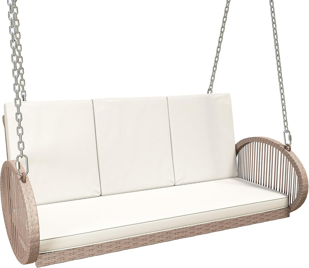 YITAHOME Outdoor Porch Swing, 3-Seater Patio Swing Chair with 4 Comfort Cushions, Sturdy Iron Frame, 800lbs Capacity, Wicker Hanging Bed for Backyard, Garden, Patio, Bedroom (Beige)