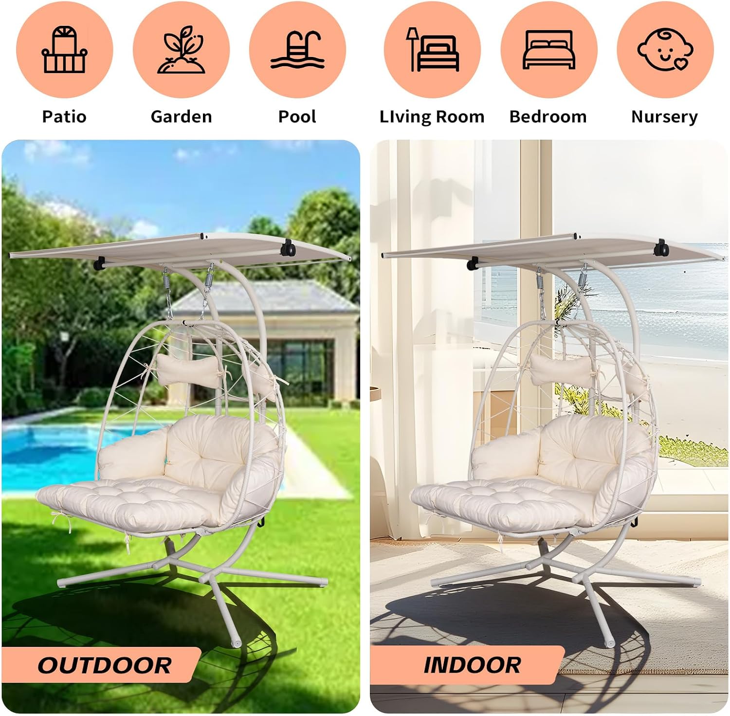 Double Egg Chair Outdoor with Stand & Canopy, 2 Person Hanging Egg Chair with Footrest, Oversized Rattan Wicker Egg Swing Chair for Bedroom Garden, 660Lbs, White