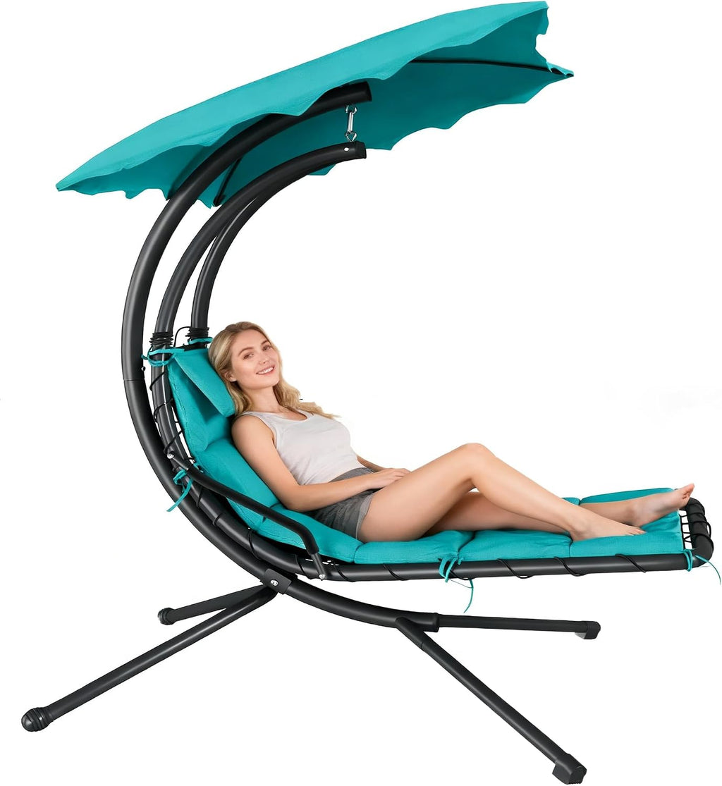 GarveeLife Chaise Lounger Swing Chair with Umbrella Canopy, Patio Hanging Chaise Lounger Chair with Stand, Curved Steel Outdoor Lounge Chairs for Indoor Patio Pool Garden Backyard Porch