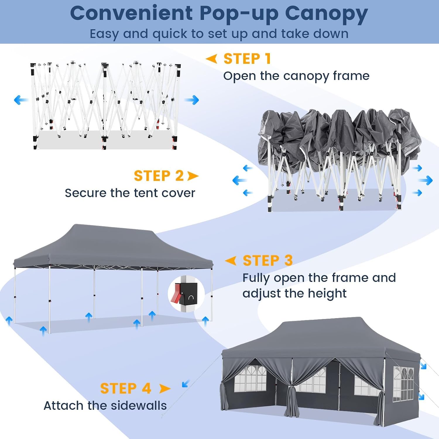 HAPPYGRILL 10x20 Pop Up Canopy Tent with Detachable Sidewalls, Waterproof UPF 50+ Outdoor Instant Gazebo Shelter with Carry Bag for Party Wedding Patio Garden, Grey