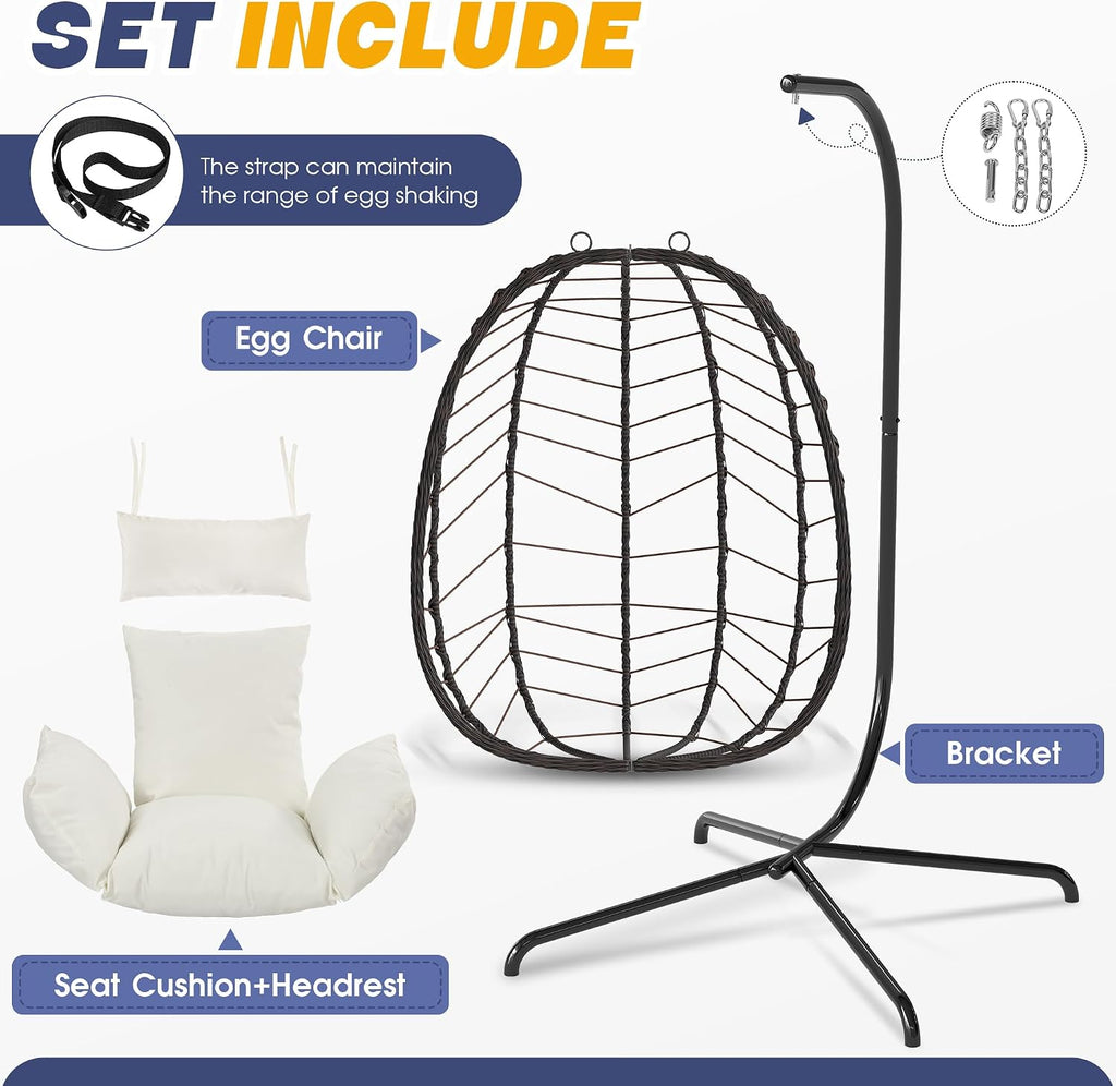 Egg Chair with Stand, Patio Wicker Bifanuo Hanging Chair, Hammock Swing Chair, 350LBS Capacity for Bedroom, Balcony, Garden(BR-BE)