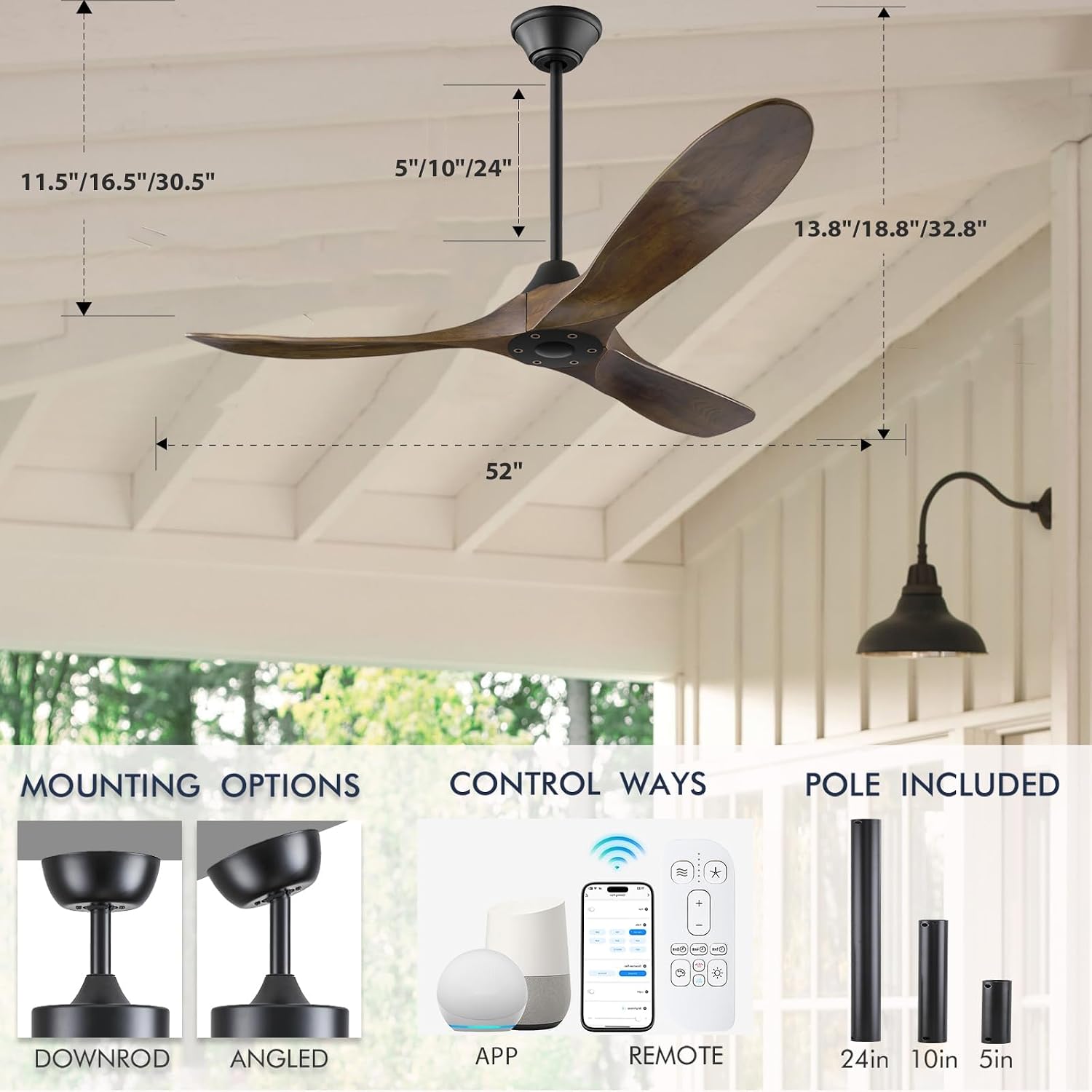 52 Inch Outdoor Ceiling Fan for Patios Damp Rated, Smart Wood 3 Blades Propeller Ceiling Fans No Light Quiet Reversible DC Motor with Large Airflow for Indoor Work with Alexa Voice/Google/App