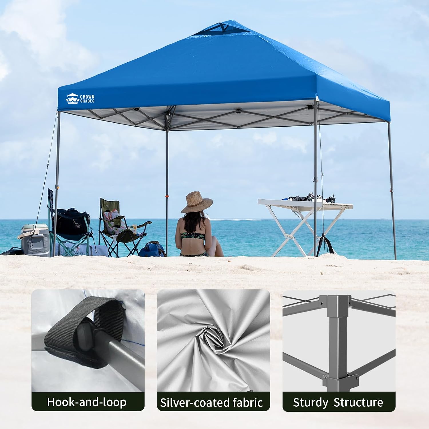 CROWN SHADES Adjustable Height on The Fly, 10x10 Pop Up Canopy - Beach Tent with One Push Setup - Easy Outdoor Sun Shade for Events, Parties, Camping - Outside Shade with STO-N-Go Bag, Blue