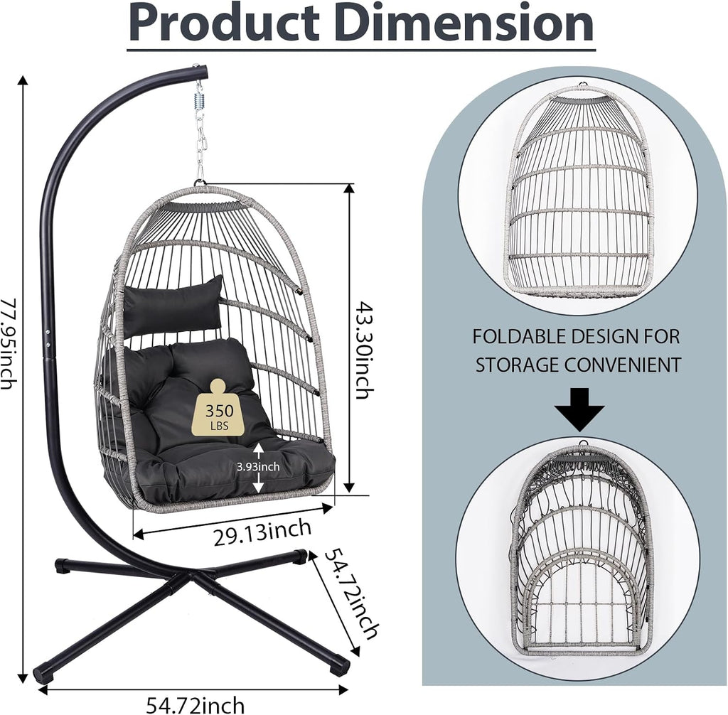 Outdoor Egg Hanging Chair with Stand, 350lbs Capacity Patio Wicker Swing Egg Chair for Indoor Outdoor Use in Garden Balcony Bedroom, Comfortable Swinging Chair(Black)
