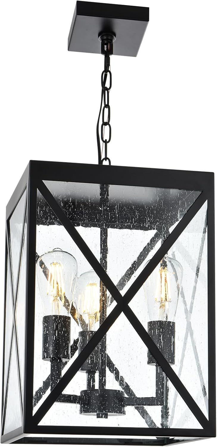 TODOLUZ Large Outdoor Pendant Light, Black Exterior Ceiling Porch Light with Seeded Glass Panel, Outdoor Chandelier Hanging Lantern for Garage Entryway Patio Front Door