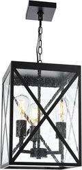 TODOLUZ Large Outdoor Pendant Light, Black Exterior Ceiling Porch Light with Seeded Glass Panel, Outdoor Chandelier Hanging Lantern for Garage Entryway Patio Front Door