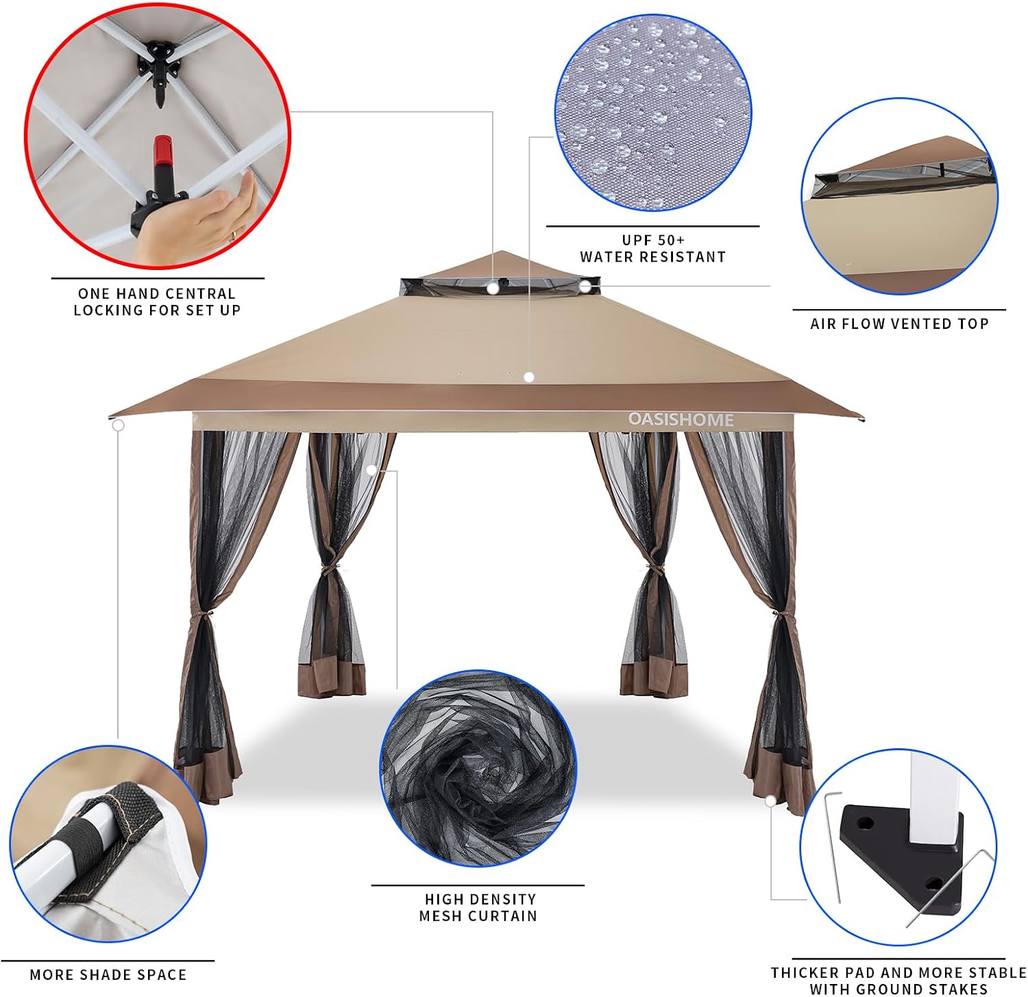 OASISHOME Pop-up Gazebo Portable Instant Canopy Tent 12x12, One-Push Locking System, with 4 Mesh Sidewall, Wheeled Bag, for Patio/Backyard/Outdoor/Parties/Events (Khaki,12FTx12FT)