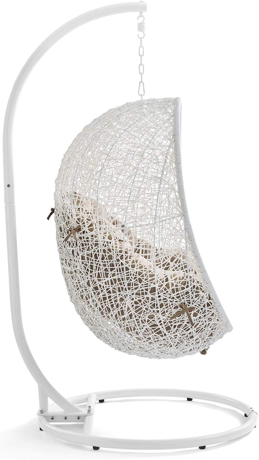 Modway Hide Wicker Rattan Outdoor Patio Porch Lounge Egg Swing Chair Set with Stand in White Mocha
