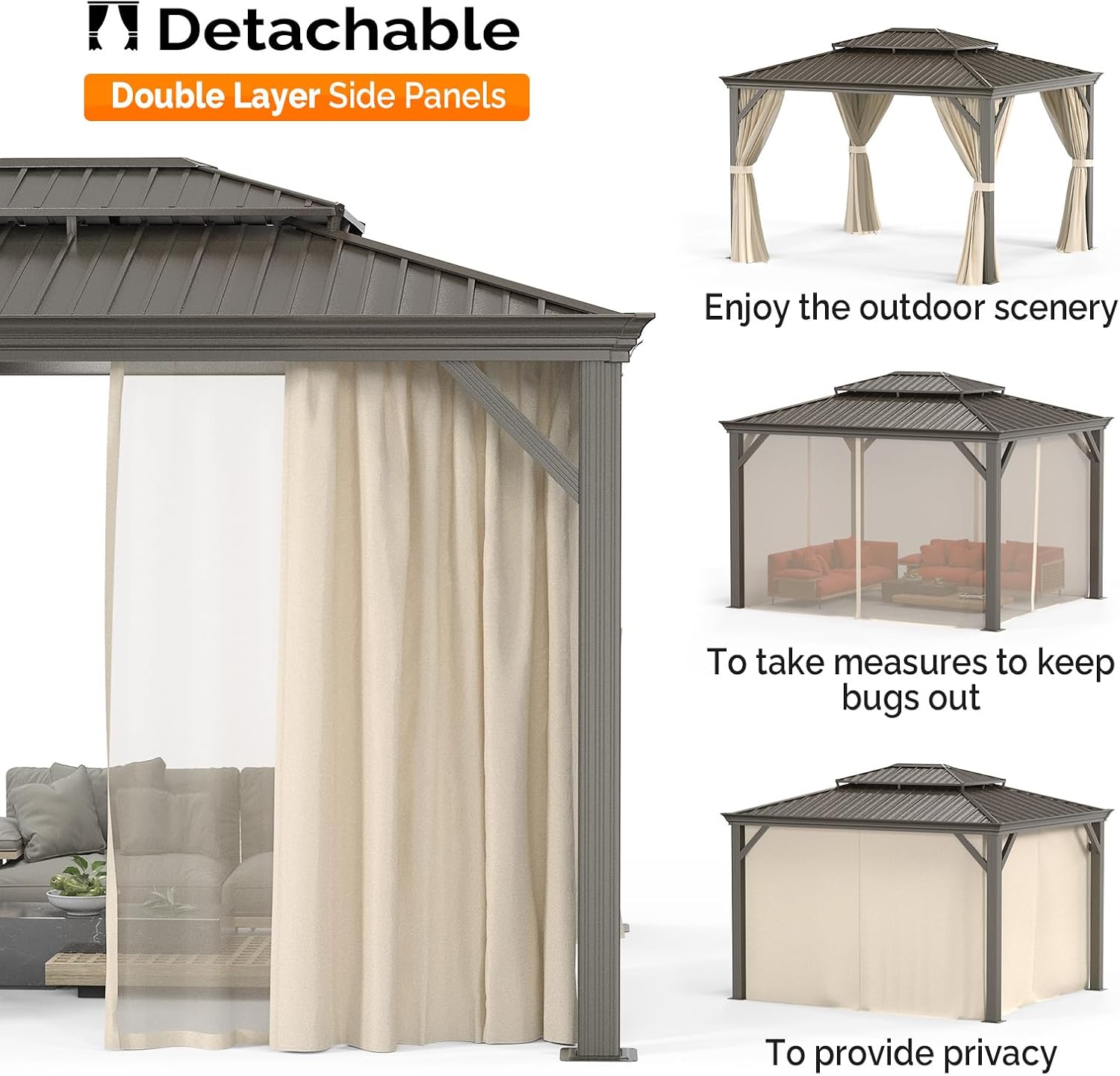 VINGLI 10' x 12' Outdoor Hardtop Gazebo Galvanized Steel Double Roof Outdoor Gazebo with Netting and Curtains Aluminum Frame for Garden,Patio,Lawn,Party