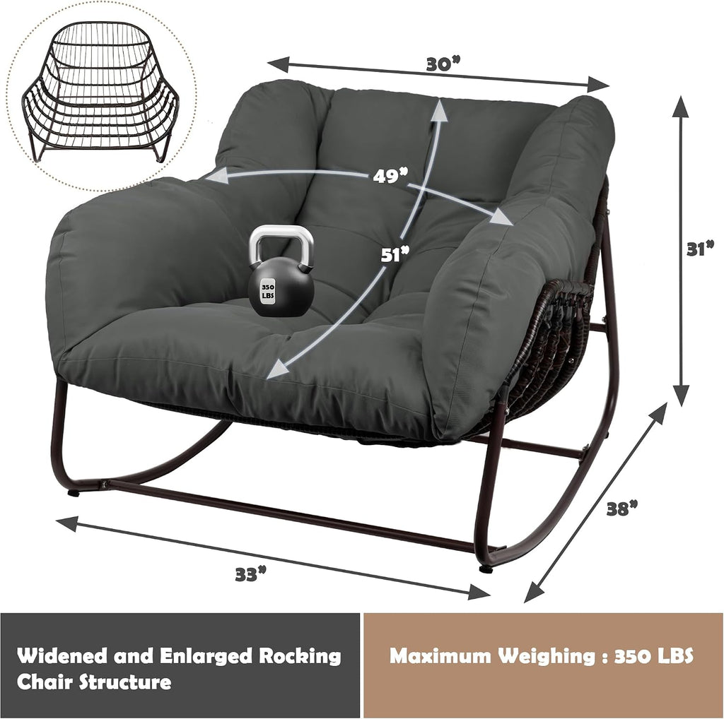 Papasan Rocking Chair Indoor & Outdoor, All Weather Wicker Papasan Patio Chair with Cushion & Pillow, Oversized Papasan Rocker Egg Chair for Bedroom, Garden, Patio - Grey.