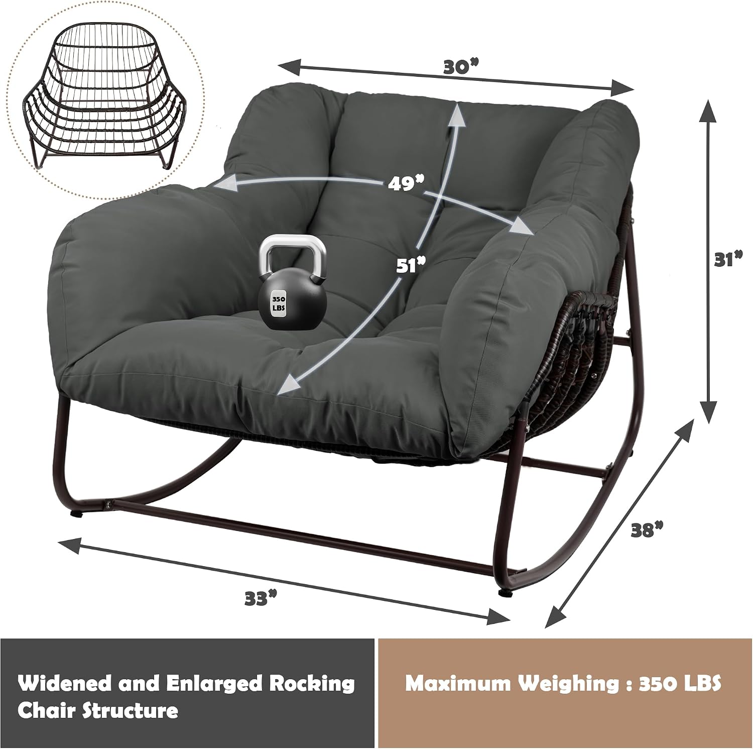 Papasan Rocking Chair Indoor & Outdoor, All Weather Wicker Papasan Patio Chair with Cushion & Pillow, Oversized Papasan Rocker Egg Chair for Bedroom, Garden, Patio - Grey.