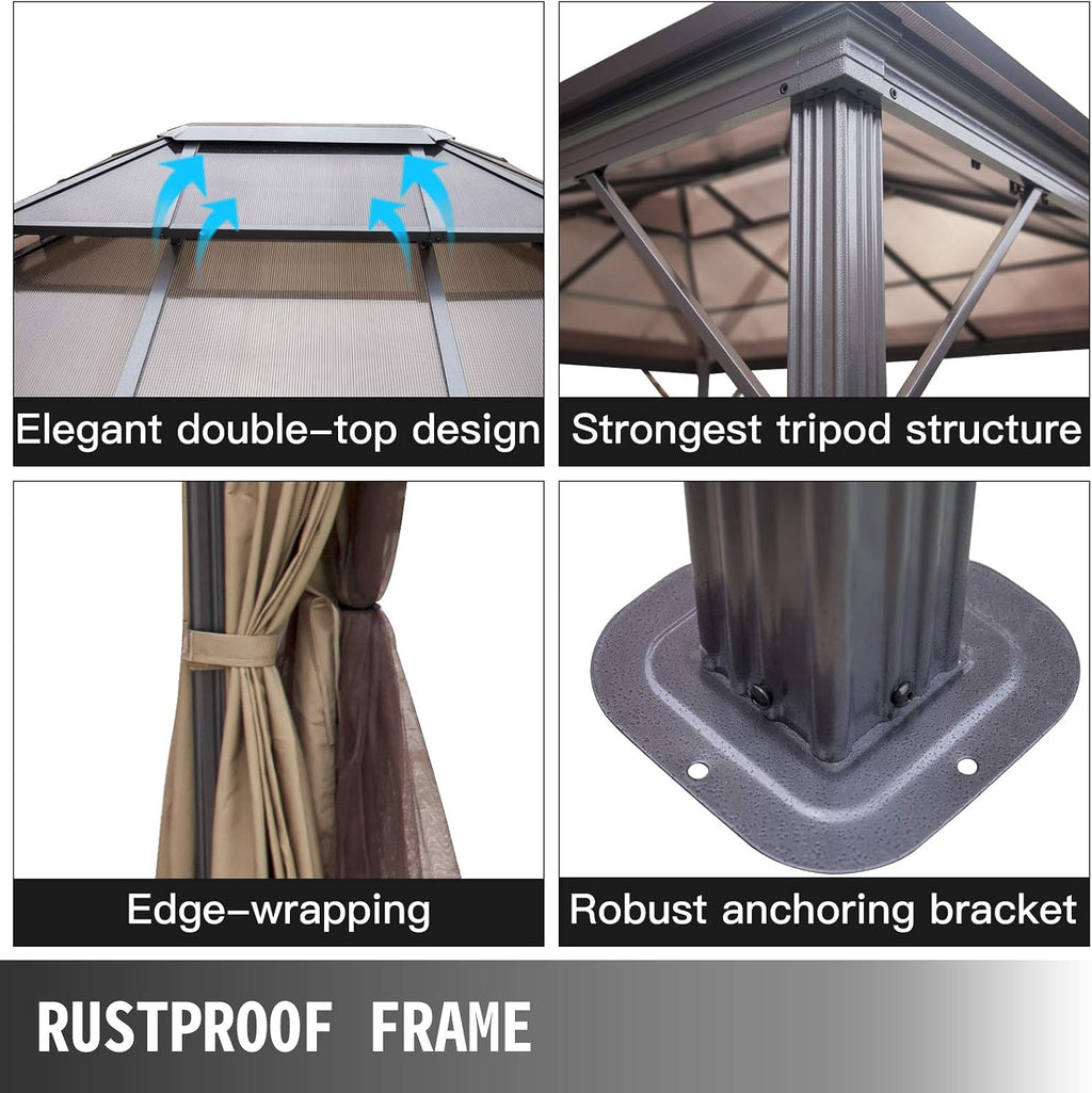 Happybuy Polycarbonate Hardtop Roof Gazebo 10' x 10' with Netting - Metal Gazebo Aluminum Permanent Double Tier Roof- Gazebos for Patios, Backyard, Outdoor and Lawn