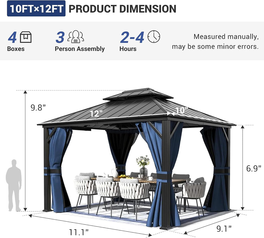 Amopatio 10' X 12' Hardtop Gazebo, Aluminum Gazebo with Double Galvanized Steel Roof, Curtains and Netting Included,Outdoor Metal Pergola for Patios, Garden, Parties, Lawns（Blue