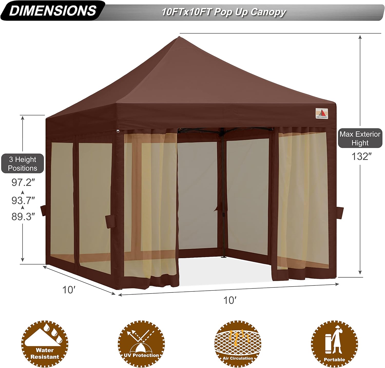 ABCCANOPY 10x10 Easy Pop Up Gazebo Canopy Tent Instant Outdoor Screen House with Netting Walls, Brown