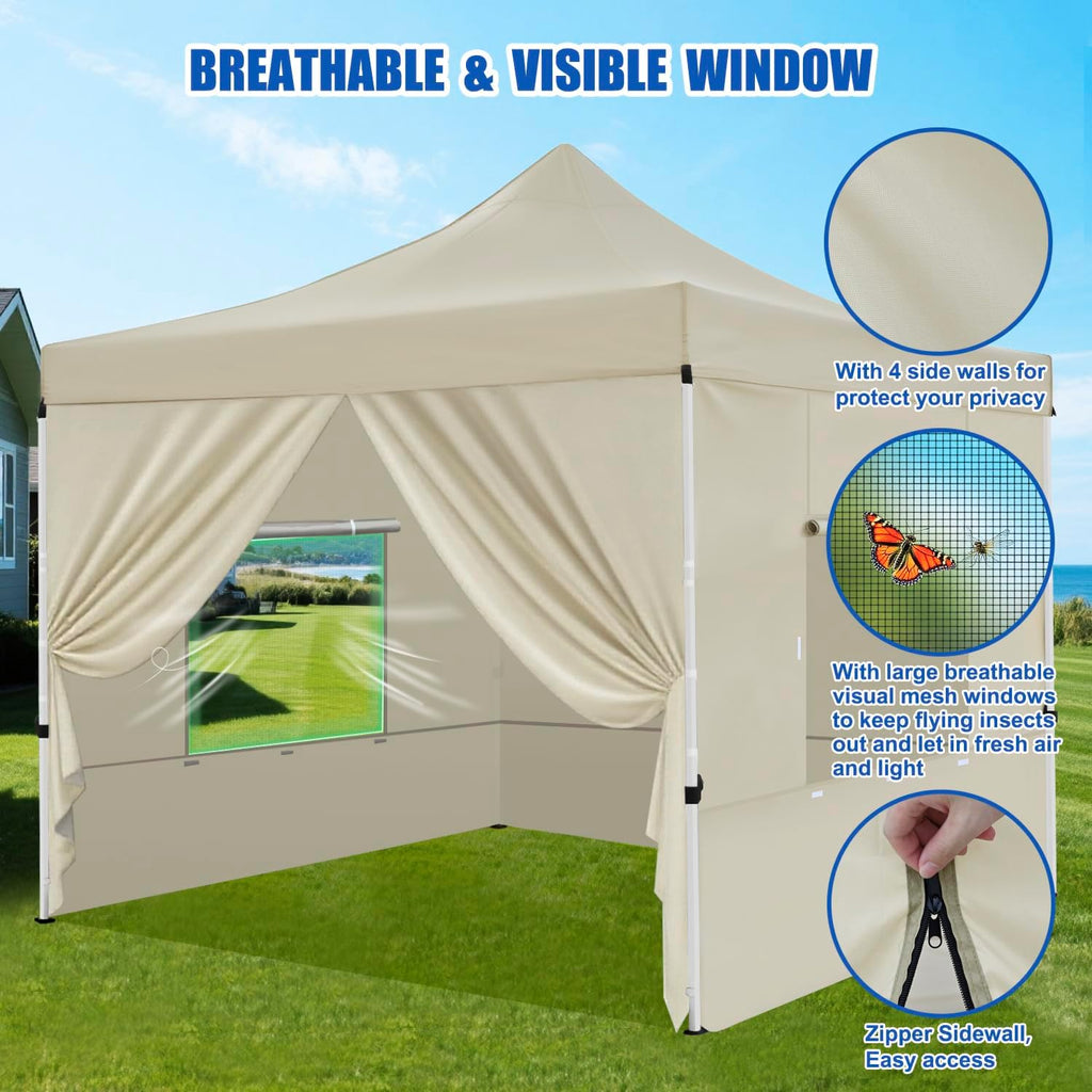 Yesker 10x10 Pop Up Canopy Tent with 4 Sidewalls Portable Folding Outdoor Canopy Easy Setup Gazebo Waterproof Instant Shelter Tent w Wheel Carry Bag sandbag for Events Parties Camping, Khaki Brown