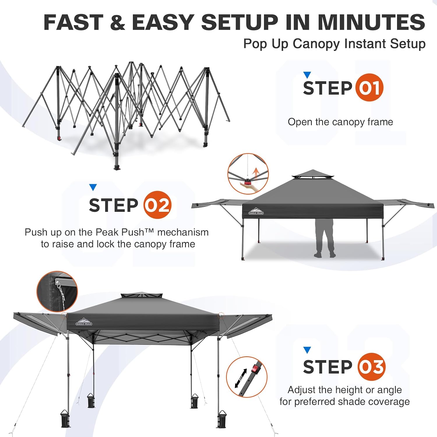 EAGLE PEAK 17x10 Pop up Gazebo Canopy Tent Outdoor Instant Canopy Shelter with Adjustable Dual Half Awnings (Gray)