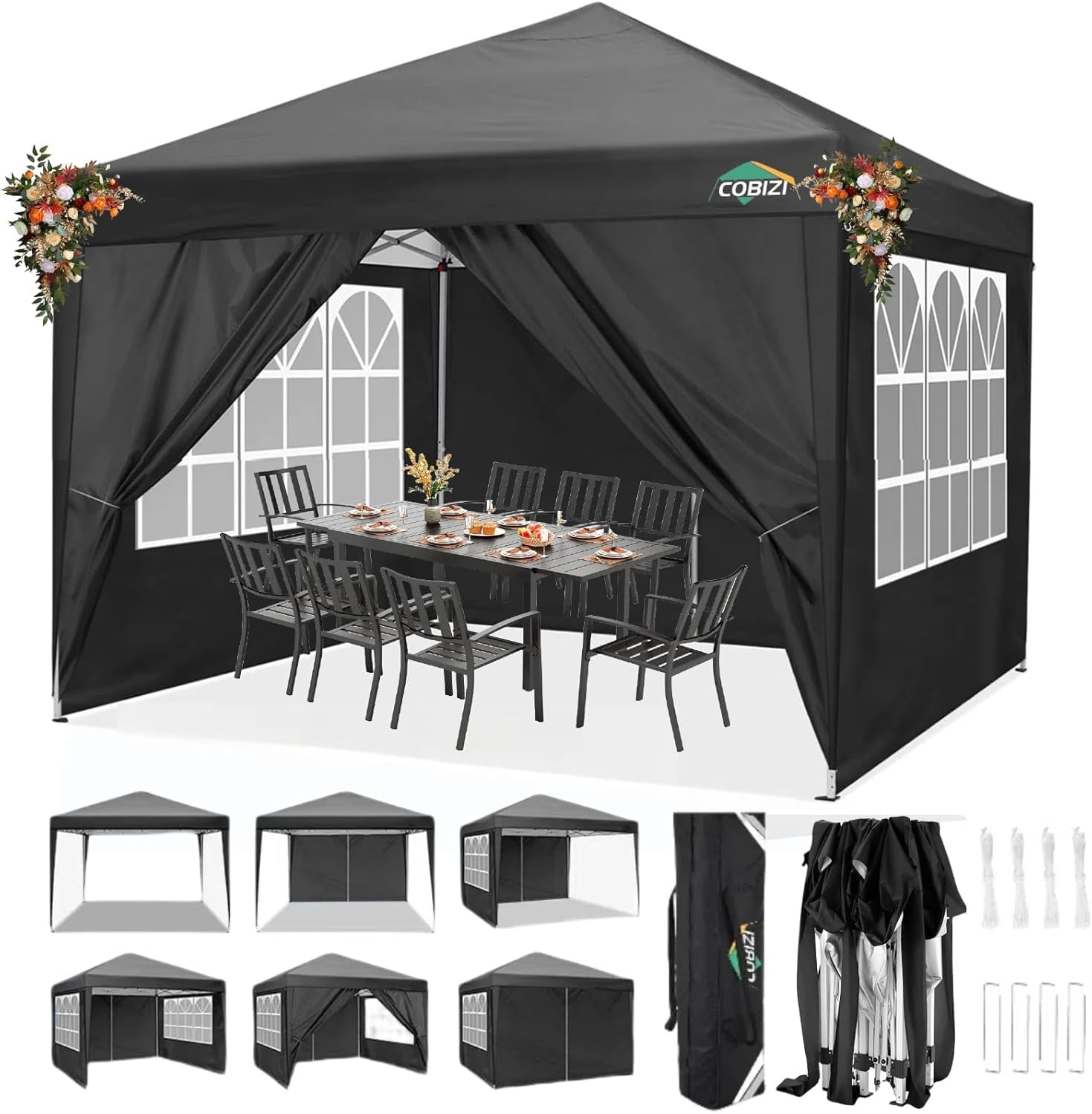 COBIZI 10x10 Pop Up Canopy Tent with 4 Removable Sidewalls, Waterproof Outdoor Commercial Easy Set Up Gazebo Tent Canopy Tents for Party/Exhibition/Picnic with Carry Bag,8 Stakes & 4 Ropes (Black.