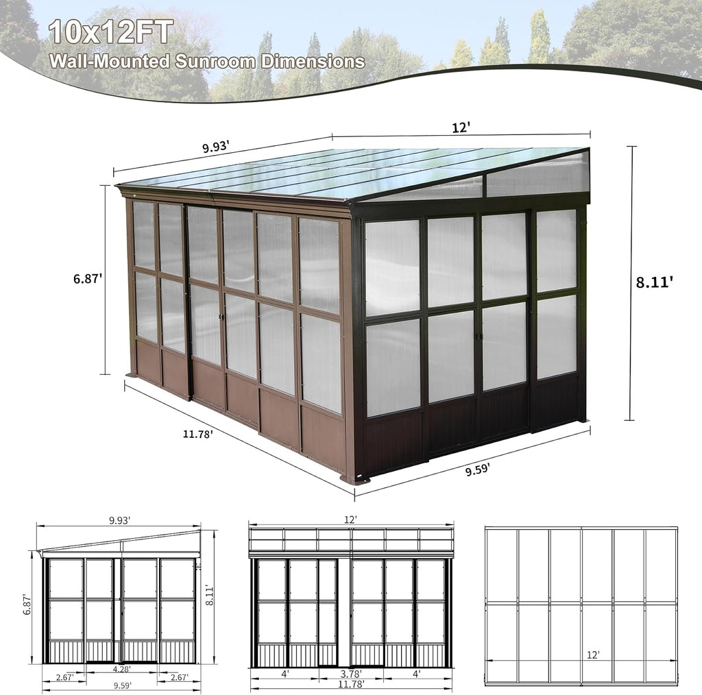 Domi Lean-to Sunroom 10x12FT, Wall Mounted Solarium with Sloping Polycarbonate Roof, Detachable Polycarbonate Screens, 2 Lockable Sliding Doors, Aluminum Gazebo Against Wall Sun Room for Patio Deck