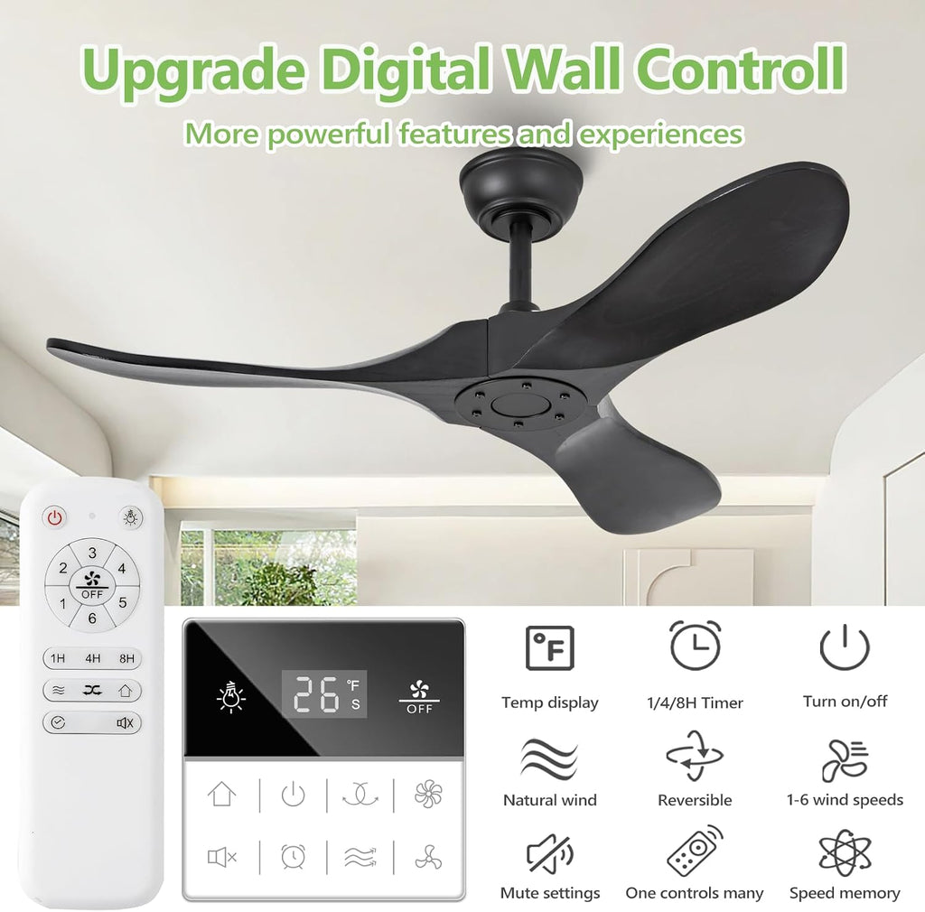 42 Inch Black Solid Wood Ceiling Fan without Light,Propeller Outdoor Ceiling Fans Without Lights with Wall Switch and Remote Control,Quiet DC Motor,3 Blades Ceiling Fan for Patios
