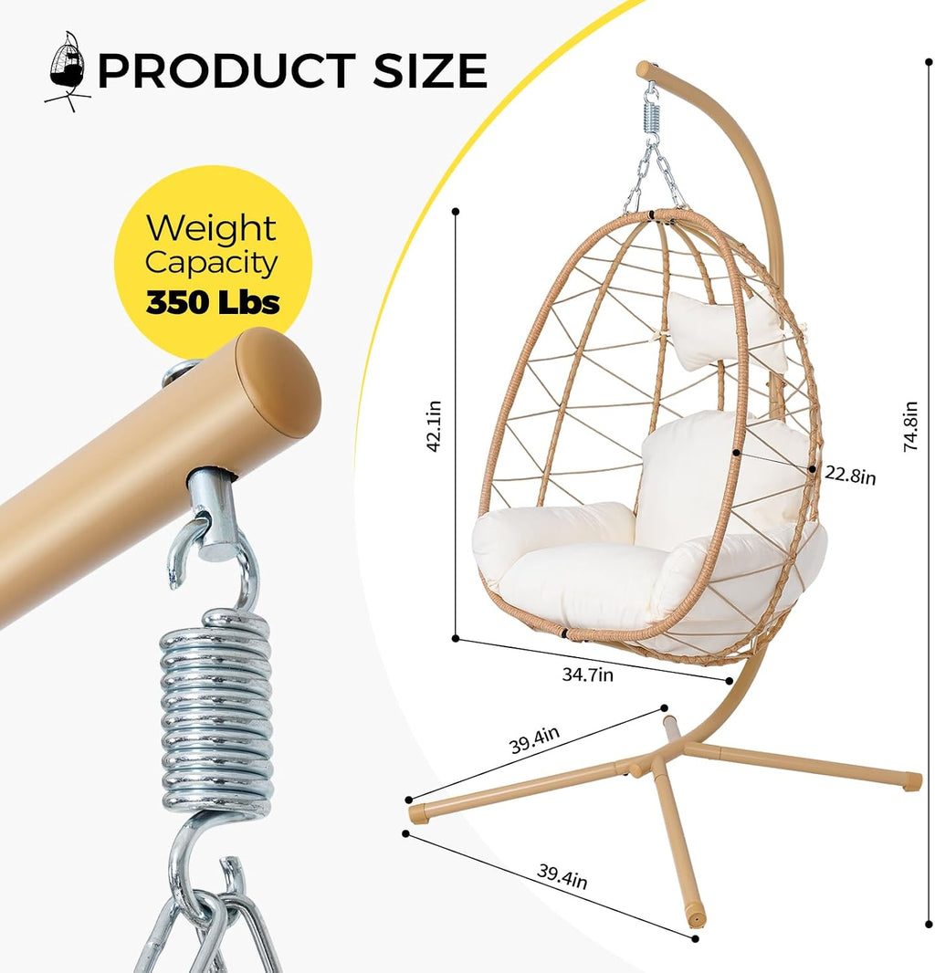 Egg Chair with Stand, Wicker Hanging Chair for Outdoor Patio, Cushioned Hammock Swing for Bedroom Garden Indoor/Outdoor, Double-Zipper Structure Hanging Egg Chair (Yellow Frame and White Cushion)