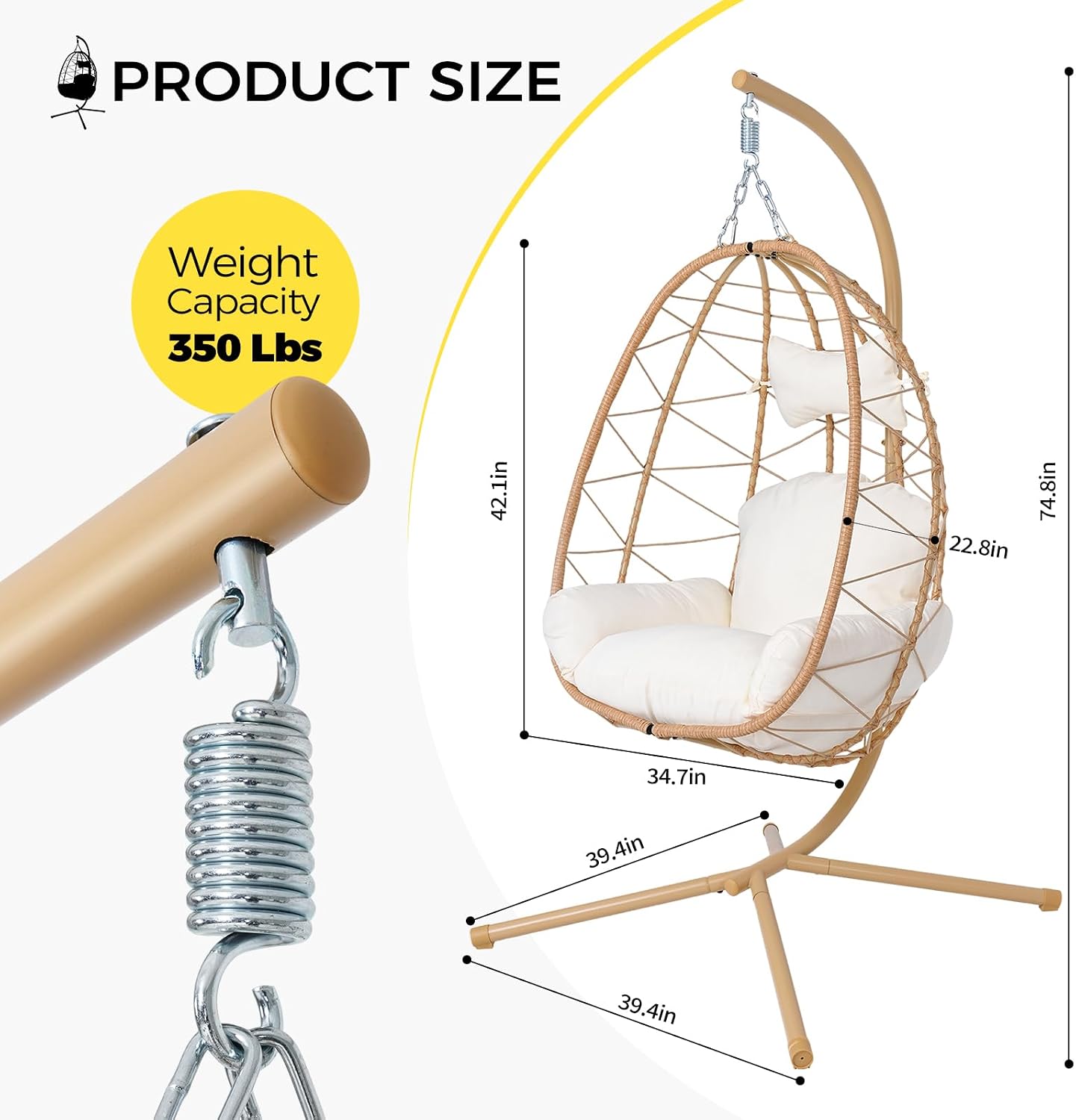 Egg Chair with Stand, Wicker Hanging Chair for Outdoor Patio, Cushioned Hammock Swing for Bedroom Garden Indoor/Outdoor, Double-Zipper Structure Hanging Egg Chair (Yellow Frame and White Cushion)