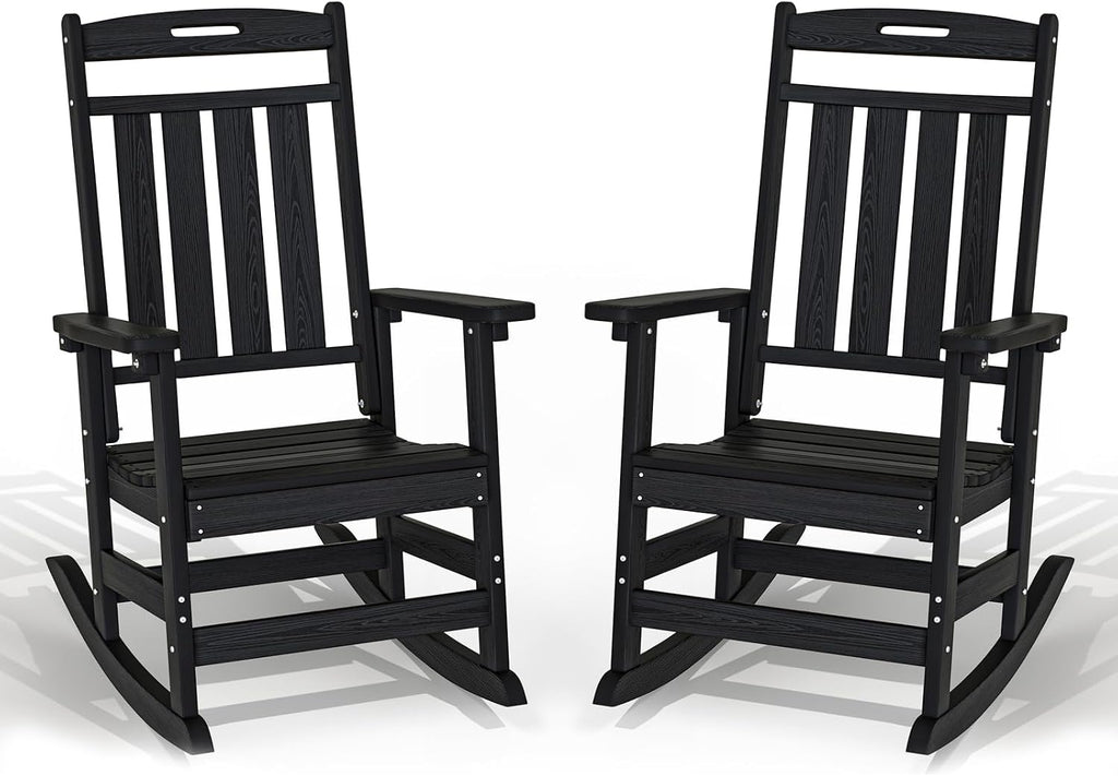 Plawdlik Oversized Rocking Chair Set of 2,HDPE All-Weather Outdoor Rocking Chair,Patio Rocking Chairs for Porch.Black