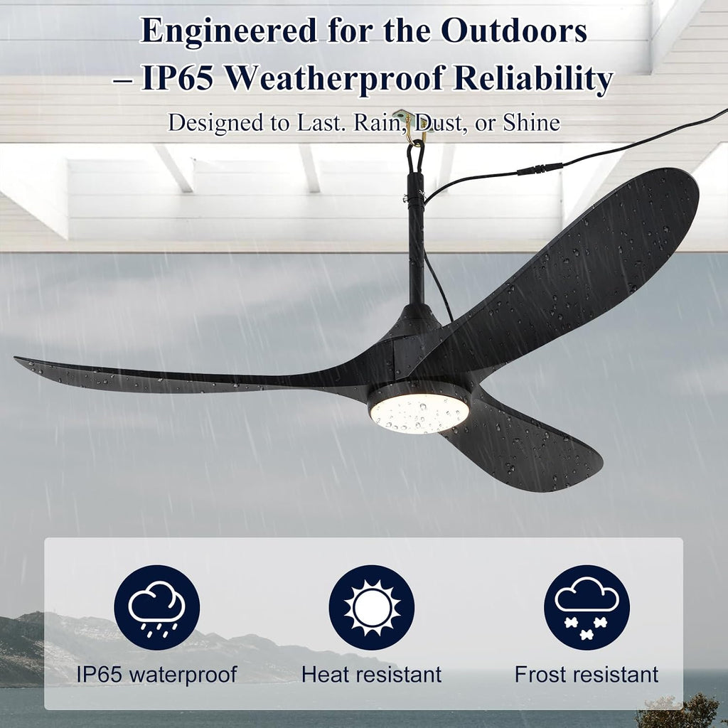 52 inch Outdoor Ceiling Fan with Light Waterproof - Plug in Hanging Hook for Patio, Porch, Gazebo - Wet Rated Weatherproof Exterior Black 3 Blades Ceiling Fan with Remote