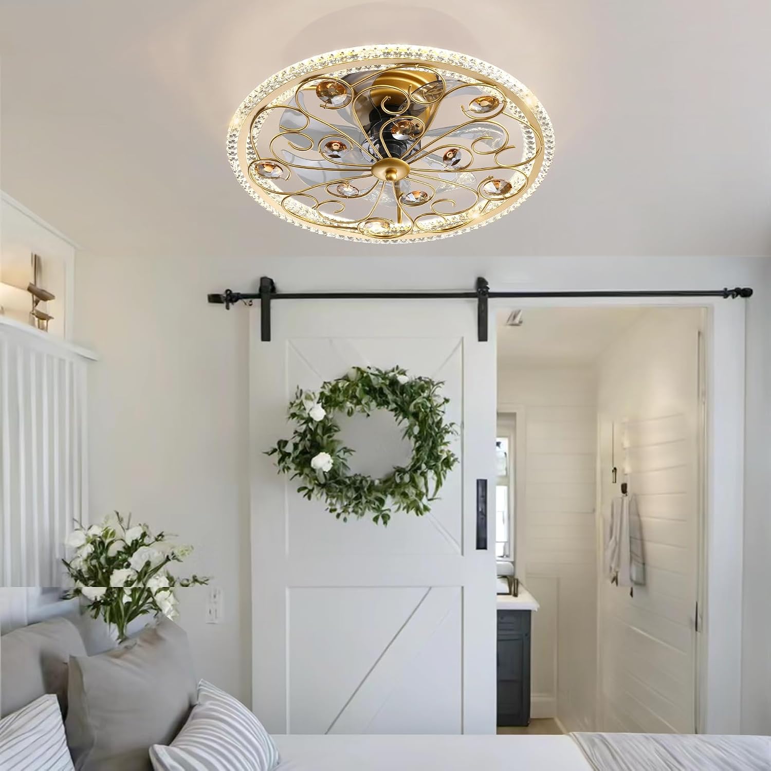 Ceiling Fans with Lights and Remote Caged Low Profile Farmhouse Ceiling Fan with Smart LED 6 Speed 3 Color Temp. Enclosed Ceiling Fan Flush Mount Fandelier for Bedroom Living Room Gold Crystal