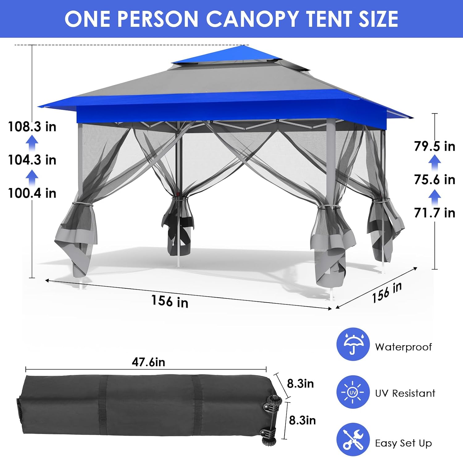 MAMIZO 13ft Pop Up Gazebo, Outdoor Instant Canopy Tent w/4 Netting Sidewall & Auto Extending Eave, Patio Gazebos Shelter w/Mesh Wall, Center Lock, Wheeled Bag for Garden, Yard (Blue, 13X13FT)