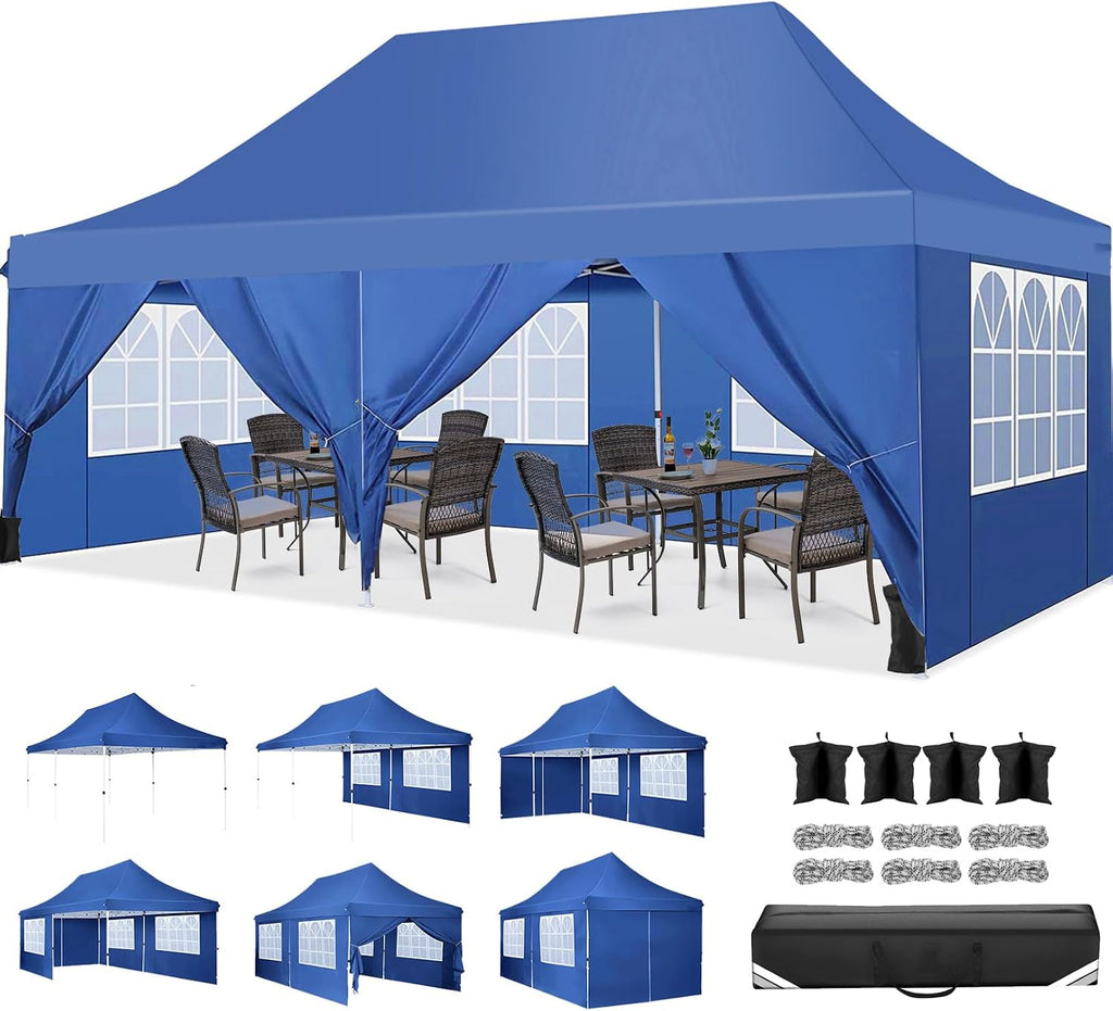 COBIZI Canopy 10x20 Pop Up Canopy Tent with 6 Sidewalls, Waterproof Commercial Canopy Ez Outdoor Instant Gazebo Easy to Set up Event Shelter, Garden Tents for Parties with Sandbags, Blue