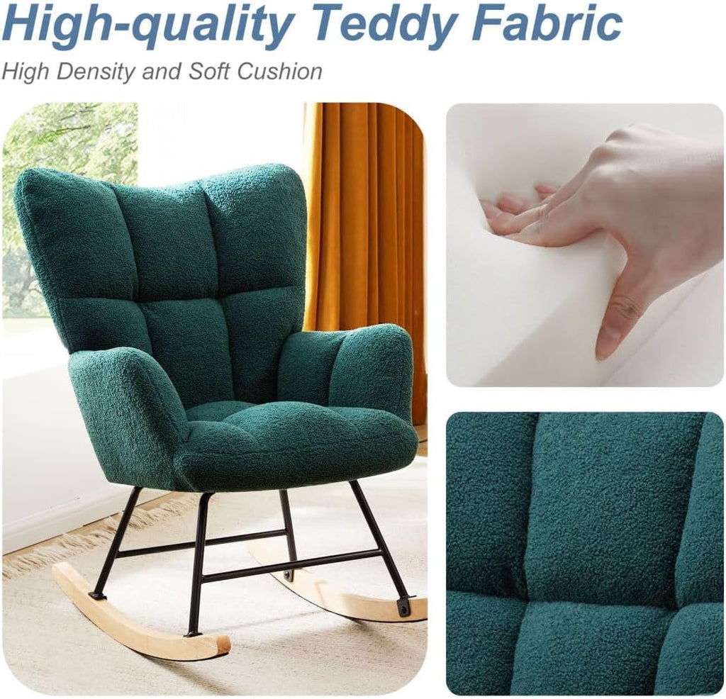 Nursery Rocking Chair, Boho Accent Ottoman, Teddy Upholstered Glider Rocker Accent Chair with High Backrest for Living Room, Small Spaces, Bedroom, Green
