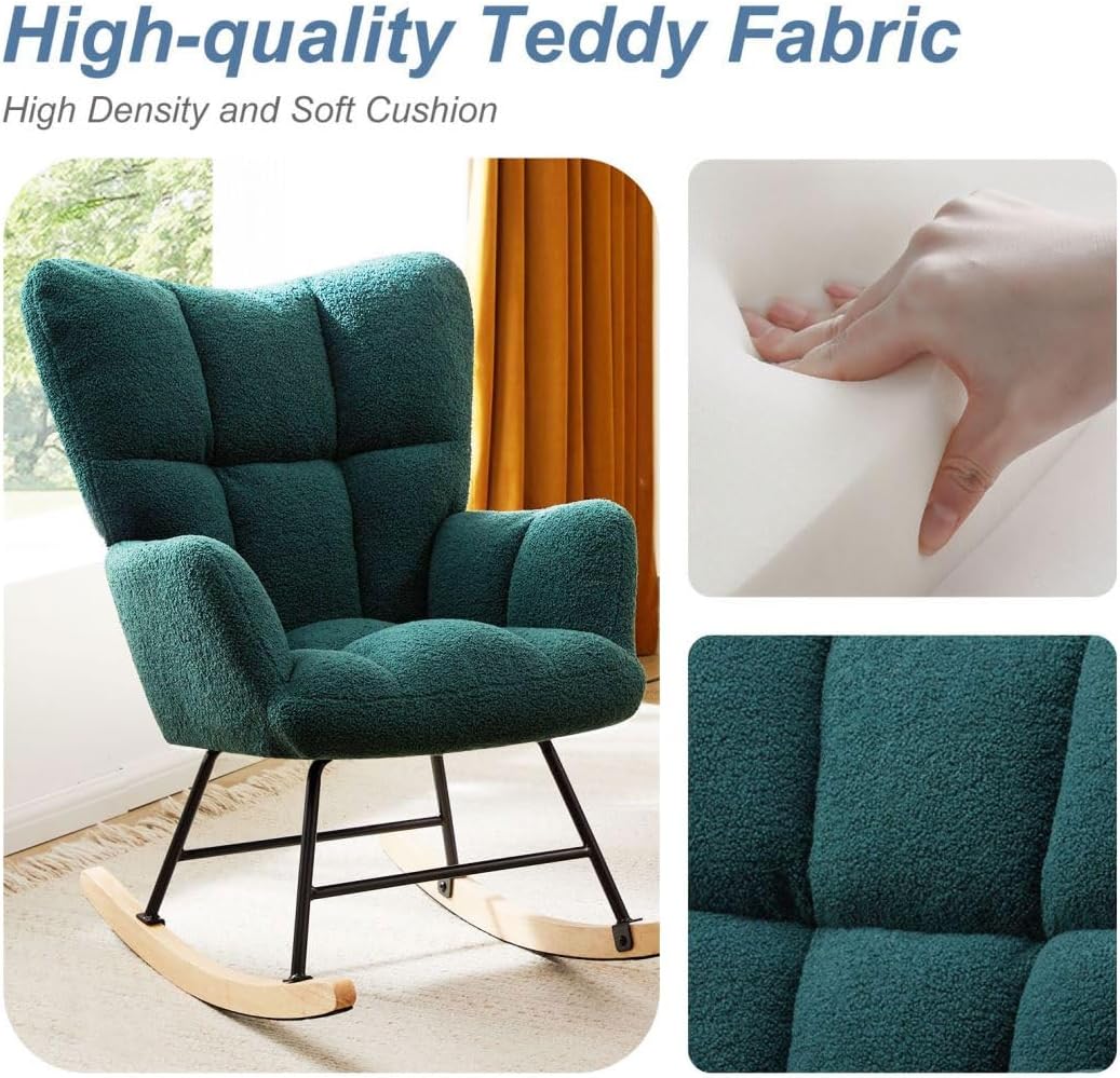 Nursery Rocking Chair, Boho Accent Ottoman, Teddy Upholstered Glider Rocker Accent Chair with High Backrest for Living Room, Small Spaces, Bedroom, Green