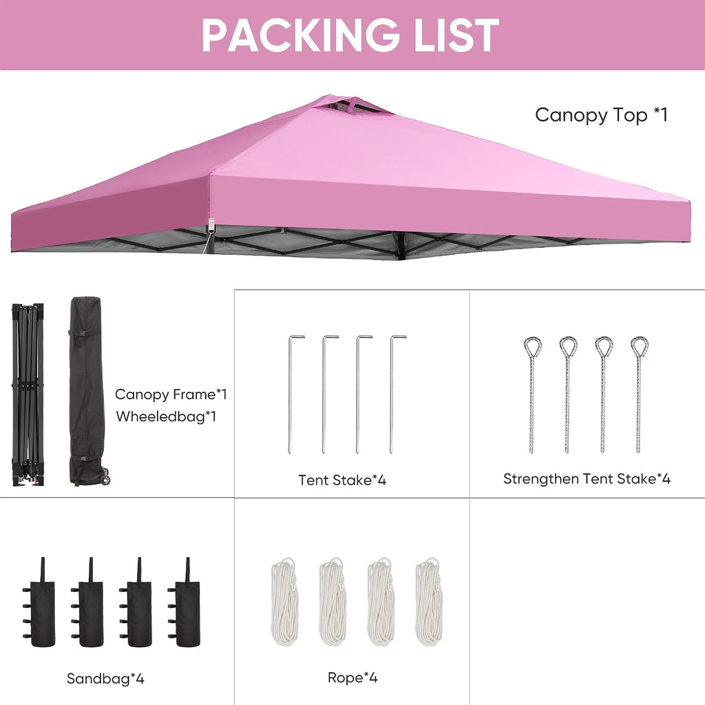 GDY 12x12 Pop Up Canopy Patio Carpas, One Push Set up with Central Lock Canopy with Wheeled Carry Bag, Included 4 Sandbaogs,8 Stakes and 4 Ropes, Pink