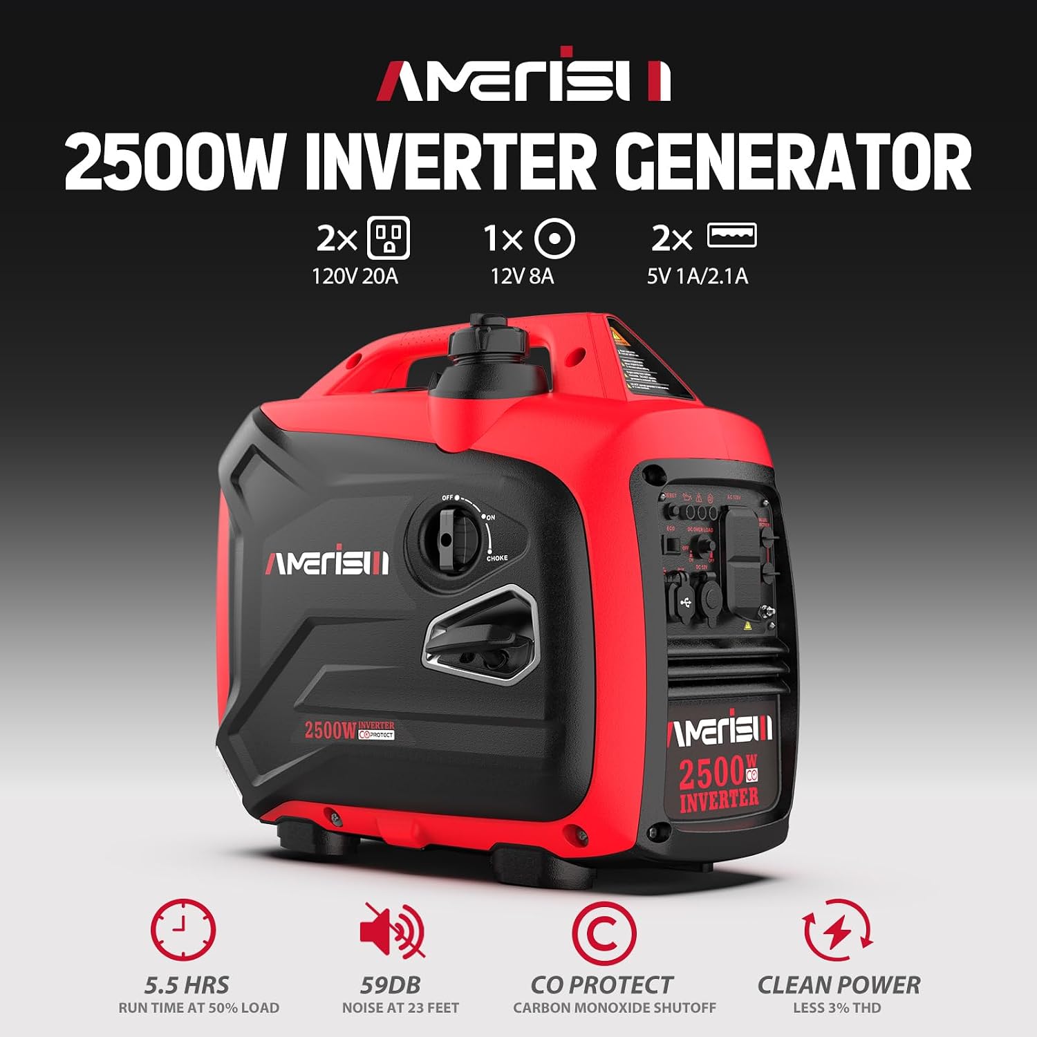 AMERISUN 2500W Portable Inverter Generator with Quiet Technology, Small Generator for Camping, Home Emergency, EPA Compliant 2025 Version