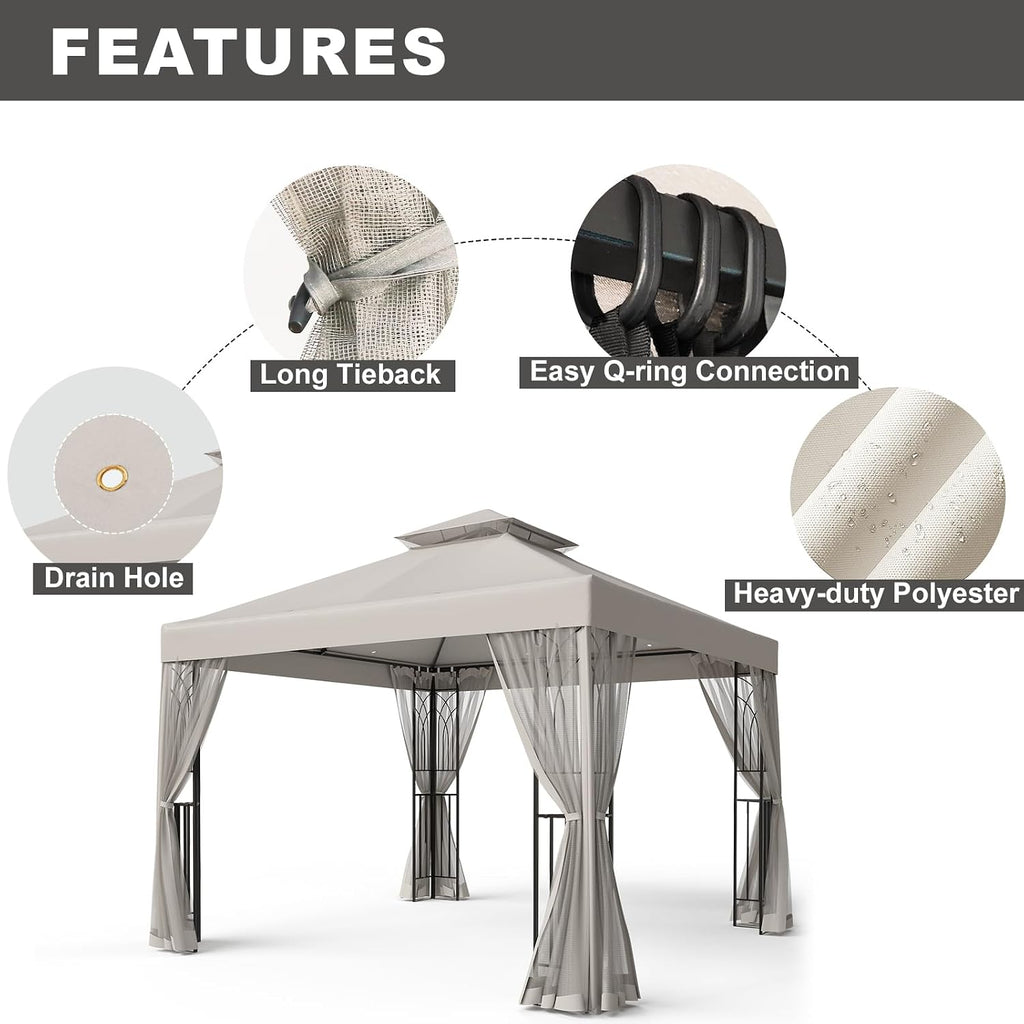 10x10 Outdoor Gazebo Tent with Netting and Corner Shelves, Double Roof Patio Gazebo with Soft Fabric Top, Outdoor Pavilion for Backyard Patio Garden Lawn, Beige