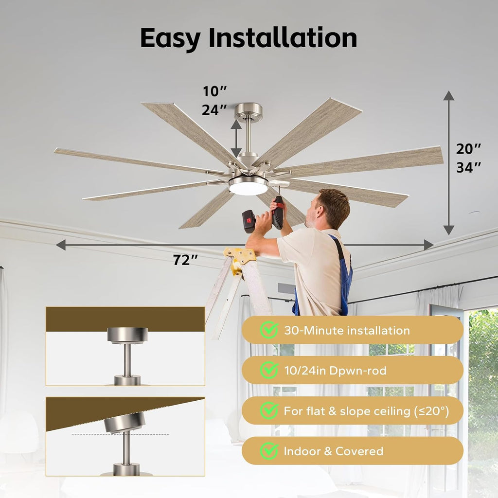 72Inch Indoor Outdoor Ceiling Fan with Light - Large Smart Ceiling Fan with Light Alexa Control, High CFM Modern Industrial Low Profile Ceiling Fans with Light for Patios Porch Bedroom Garage Gazebo