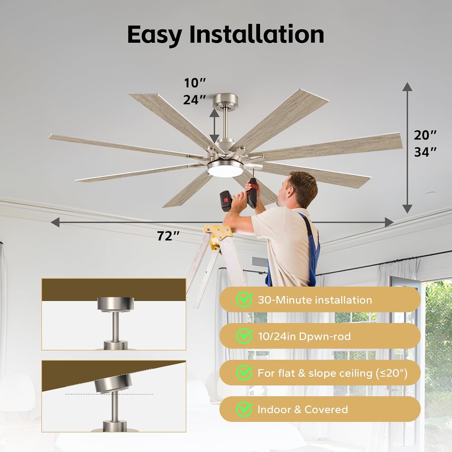 72Inch Indoor Outdoor Ceiling Fan with Light - Large Smart Ceiling Fan with Light Alexa Control, High CFM Modern Industrial Low Profile Ceiling Fans with Light for Patios Porch Bedroom Garage Gazebo