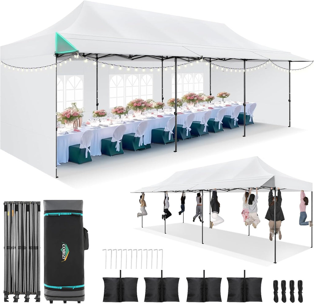 COBIZI 10x30 Pop Up Canopy Tent with Awning & Sidewalls, Heavy Duty Commercial 10X30 Canopy Tents Instant Waterproof, UPF 50+ Sun Shade for Outdoor, Parties, Markets (White)