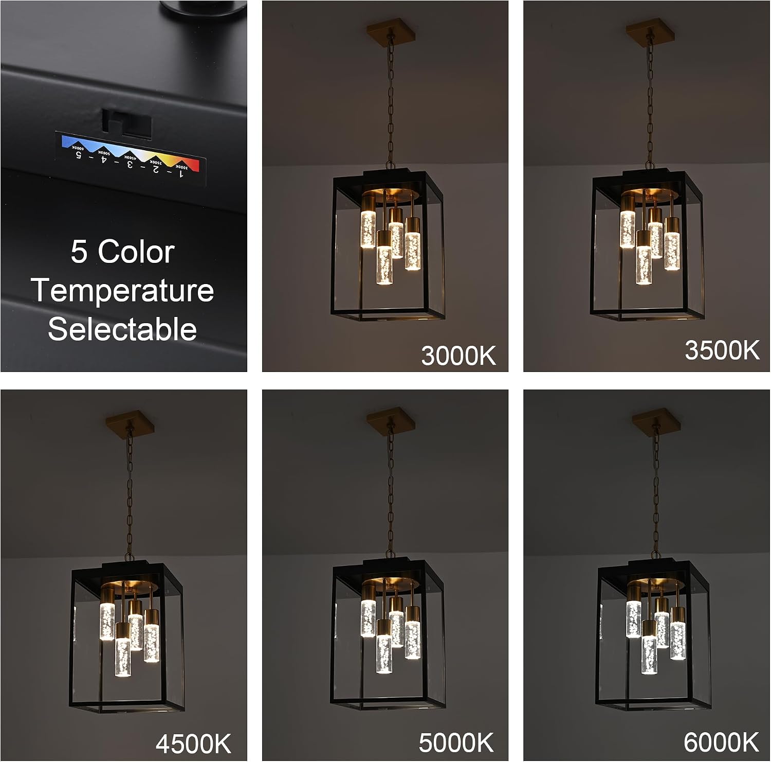 MELUCEE 15.7 Inch Outdoor Pendant Light 5 Color Dimmable LED Exterior Lantern Hanging Light Ceiling Mount with Clear Glass, Black Outside Chandelier for Porch Garage Gazebo Patio, Built-in LED Chips