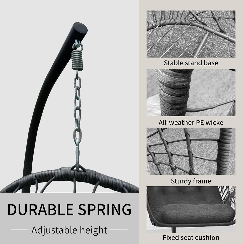 Kingdura Hanging Egg Chair with Stand Indoor Outdoor, Foldable Rattan Wicker Hammock Egg Swing Chair for Bedroom Porch Patio Garden, Thickened Cushion, 350LBS Capacity, Heavy Duty Frame